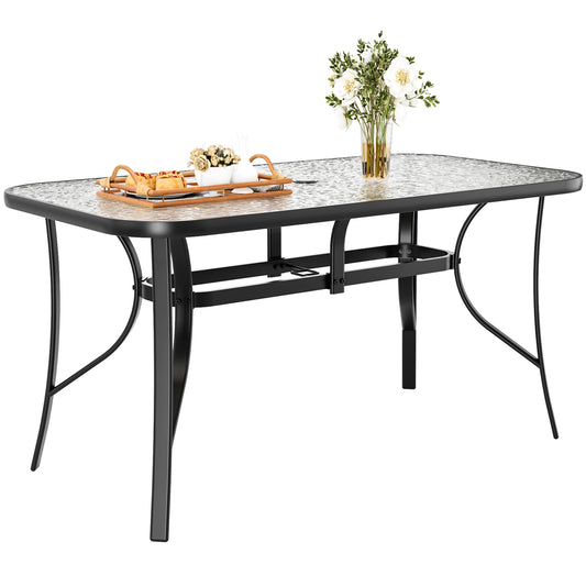 Piecart Outdoor Dining Table with Umbrella Hole, Rectangular Glass Patio Table, Patio Table for Outside, Garden, Balcony