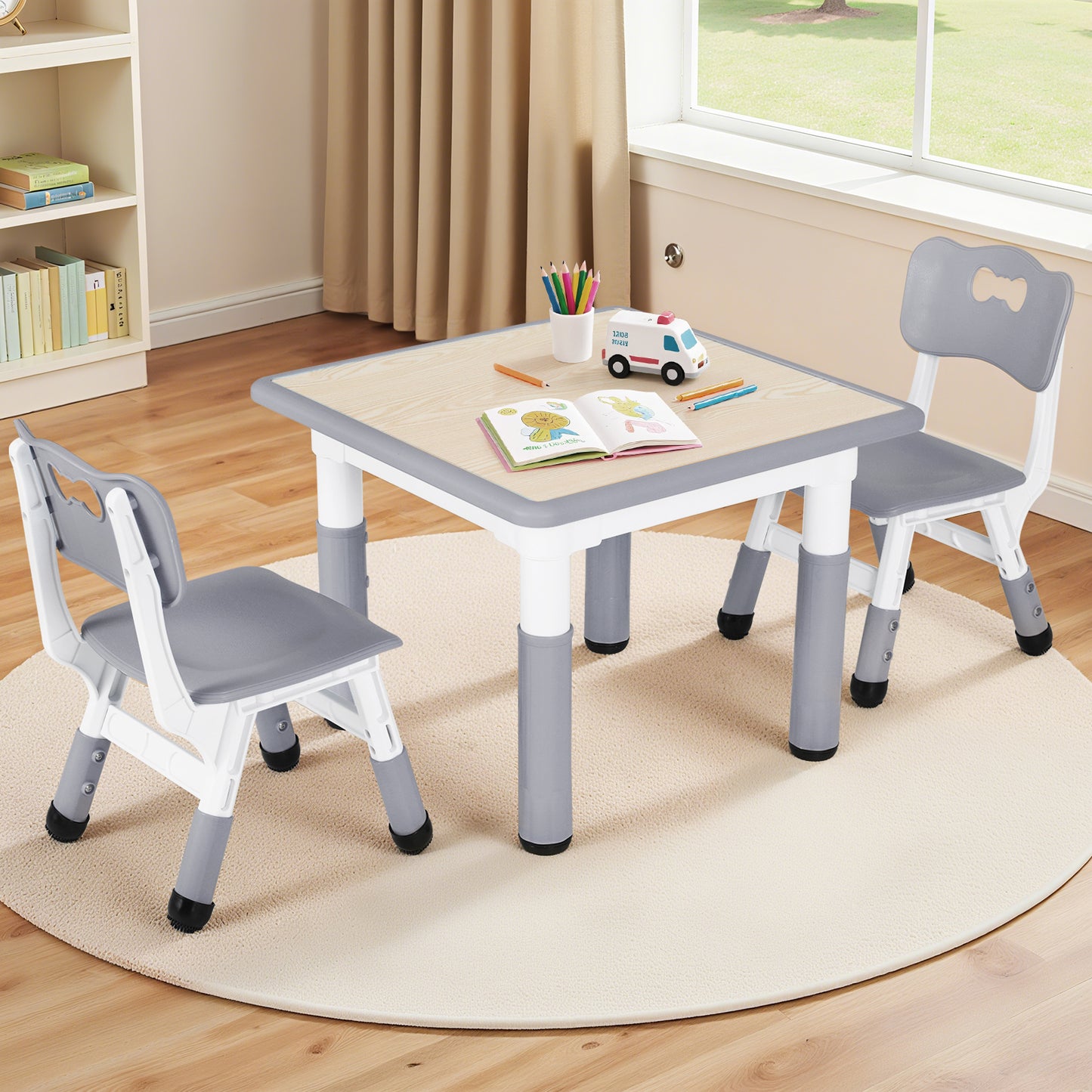Pirecart Kids Table and 2 Chairs Set Activity Table Height Adjustable Toddler Art Desk for Reading Drawing Eating, Suitable for Ages 3-9