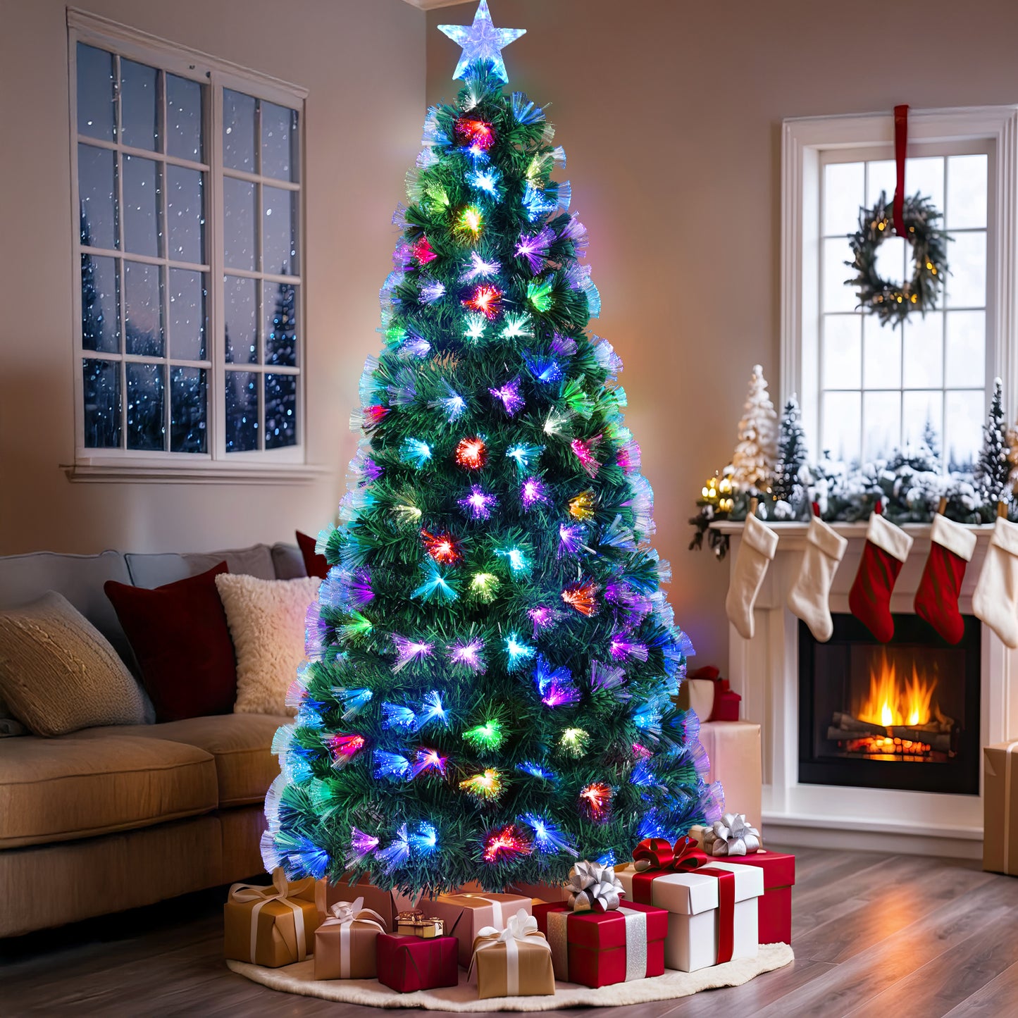 Pirecart 6/8/9/10 ft Pre-Lit Fiber Optic Artificial Pine Christmas Tree Artificial Xmas Tree for Indoor Holiday Home Decoration