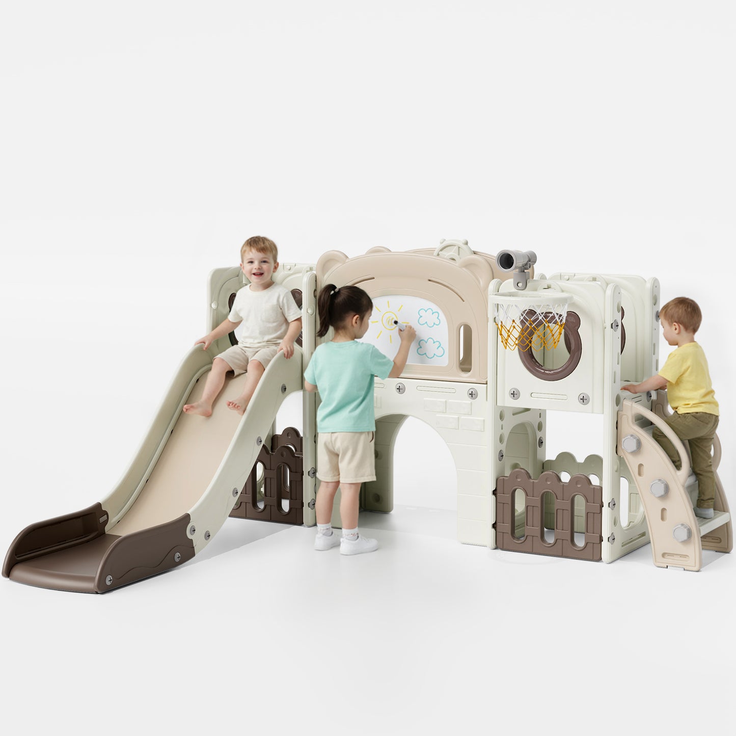 Pirecart 10-in-1 Kids Slide, Indoor Outdoor Toddler Slide Playground with Drawing Board, Basketball Hoop, Tunnel & Storage for Playroom, Kindergarten, Backyard, Gift for Children Age 3+