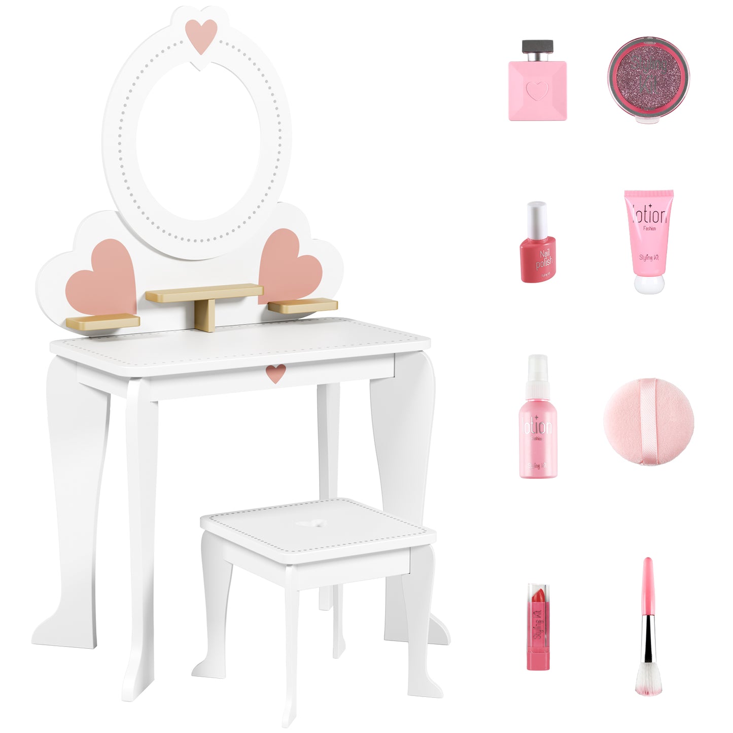 Pirecart Kids Vanity Makeup Table & Chair Set Make Up Stool Play Set for Children, Toddler Makeup Toy with 8 Pcs Accessories for Pretend Play