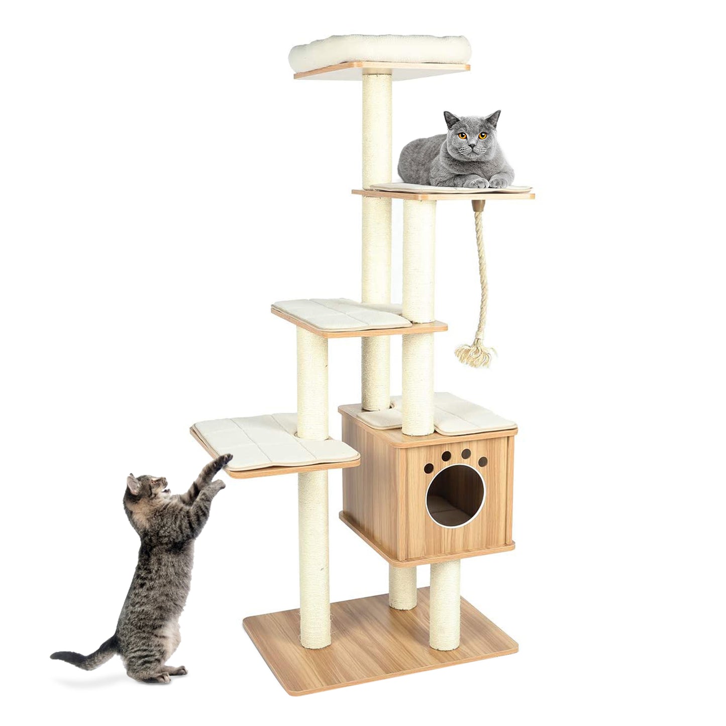 pirecart 67" Modern Wooden Cat Tree Tower, Cat Condo Furniture with Multi-Layer Platform