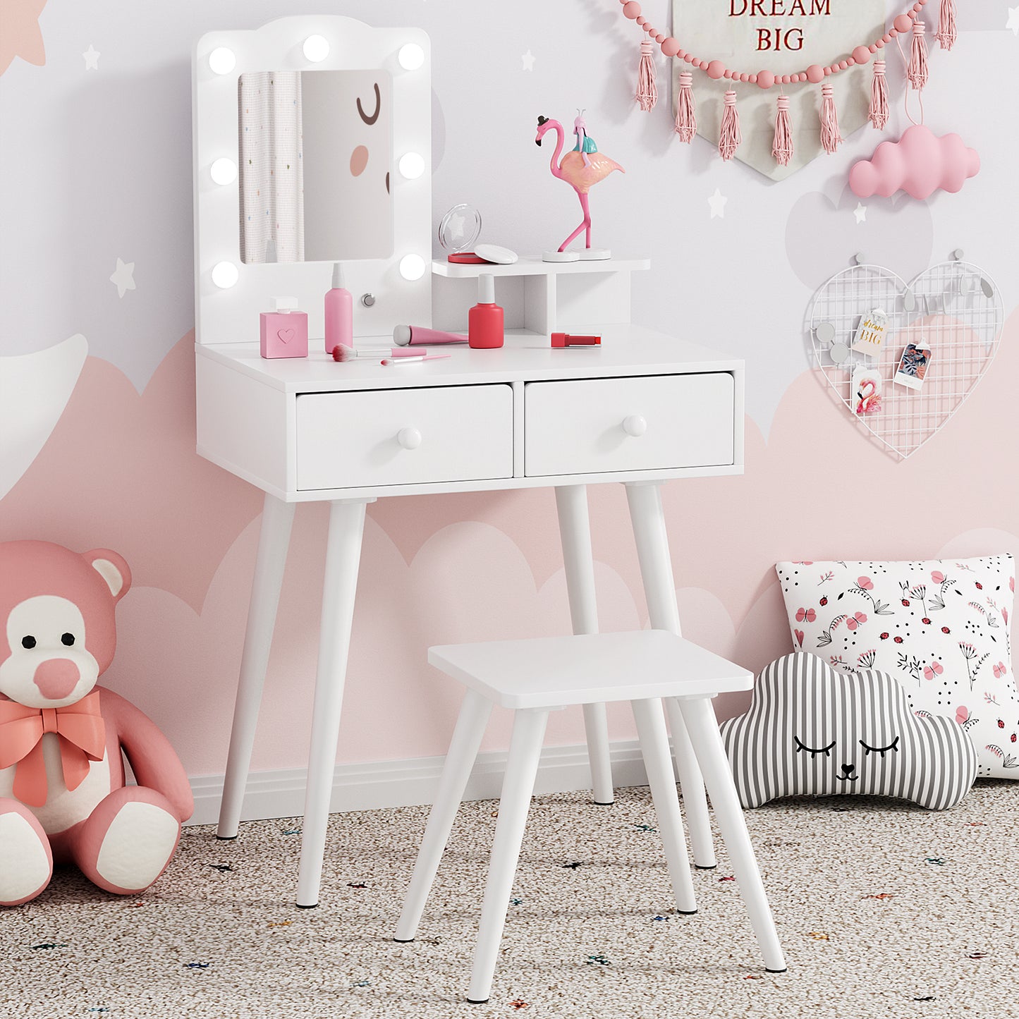 Pirecart Kids Vanity Table and Chair Set, Kids Wood Makeup Dressing Table with 7 Lights, Mirror, 2 Drawers