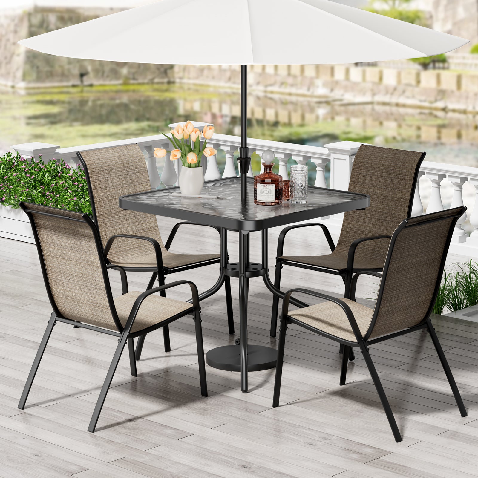 home depot patio set with umbrella and chairs PHI VILLA 7pc Dining Umbrella, Swivel Wicker PHI VILLA Dining Set with elegant and classic black design brings unique aesthetic feeling to your patio Home Depot Patio Set Garden
