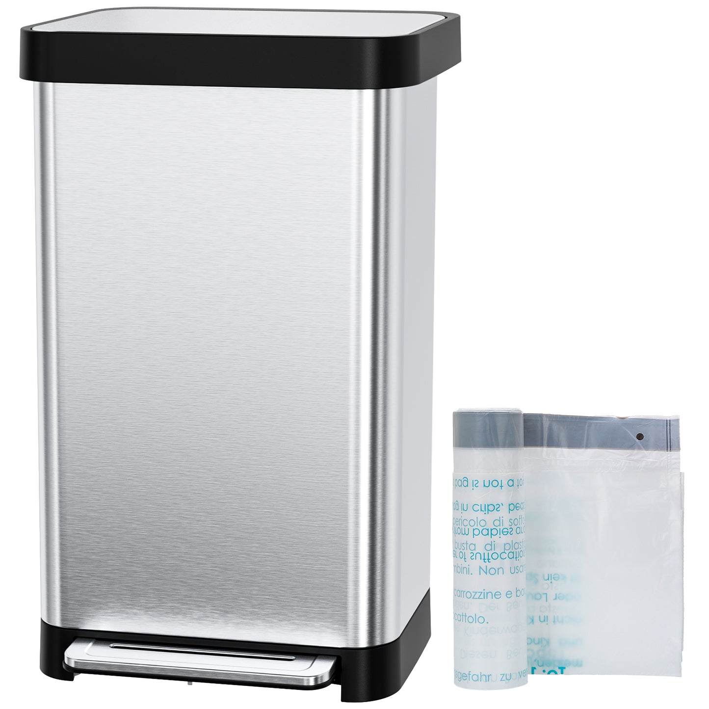 Pirecart 13.2 Gal Stainless Steel Trash Can, Soft-Close Lid Grabage Can with 15 Inner Bags, Rear Trash Bag Storage Compartment, Large Capacity Step Trash Can With Built-In Deodorizer Box