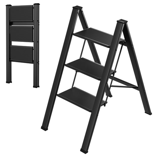 pirecart 3/4 Step Ladder, Aluminum Portable Folding Step Stool with Wide Anti-Slip Pedals