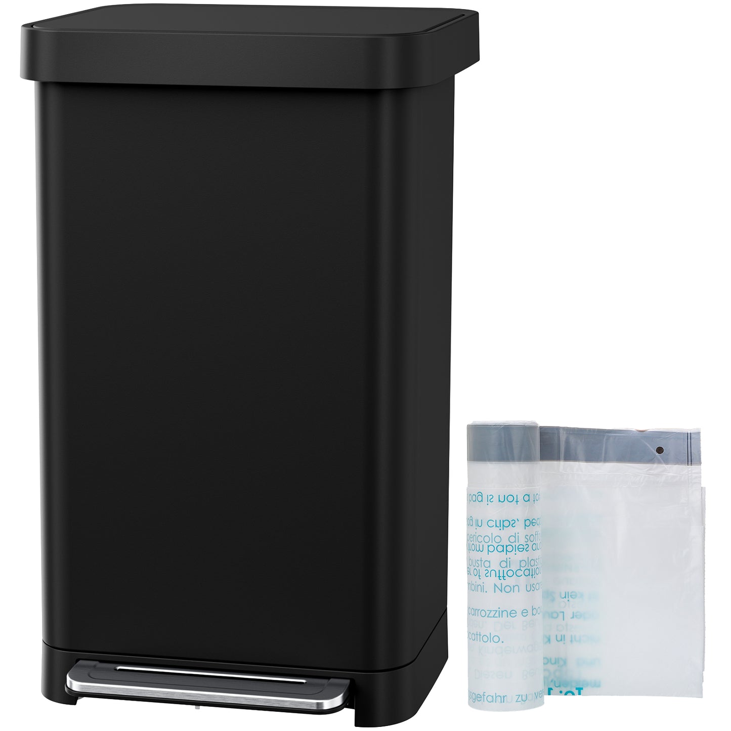 Pirecart 13.2 Gal Stainless Steel Trash Can, Soft-Close Lid Grabage Can with 15 Inner Bags, Rear Trash Bag Storage Compartment, Large Capacity Step Trash Can With Built-In Deodorizer Box