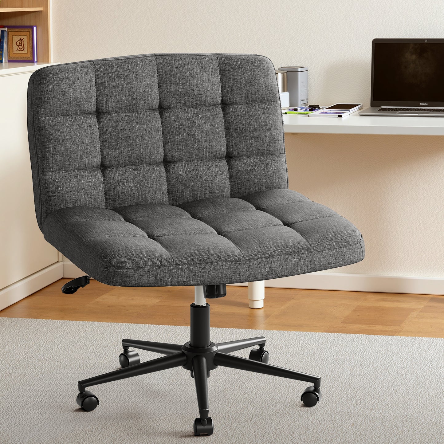 Pirecart Criss Cross Legged Chair, Comfy Swivel Armless Chair with Wheels and Wide Cushion, Height Adjustable Vanity Chair for Bedroom, Office, Desk, Linen