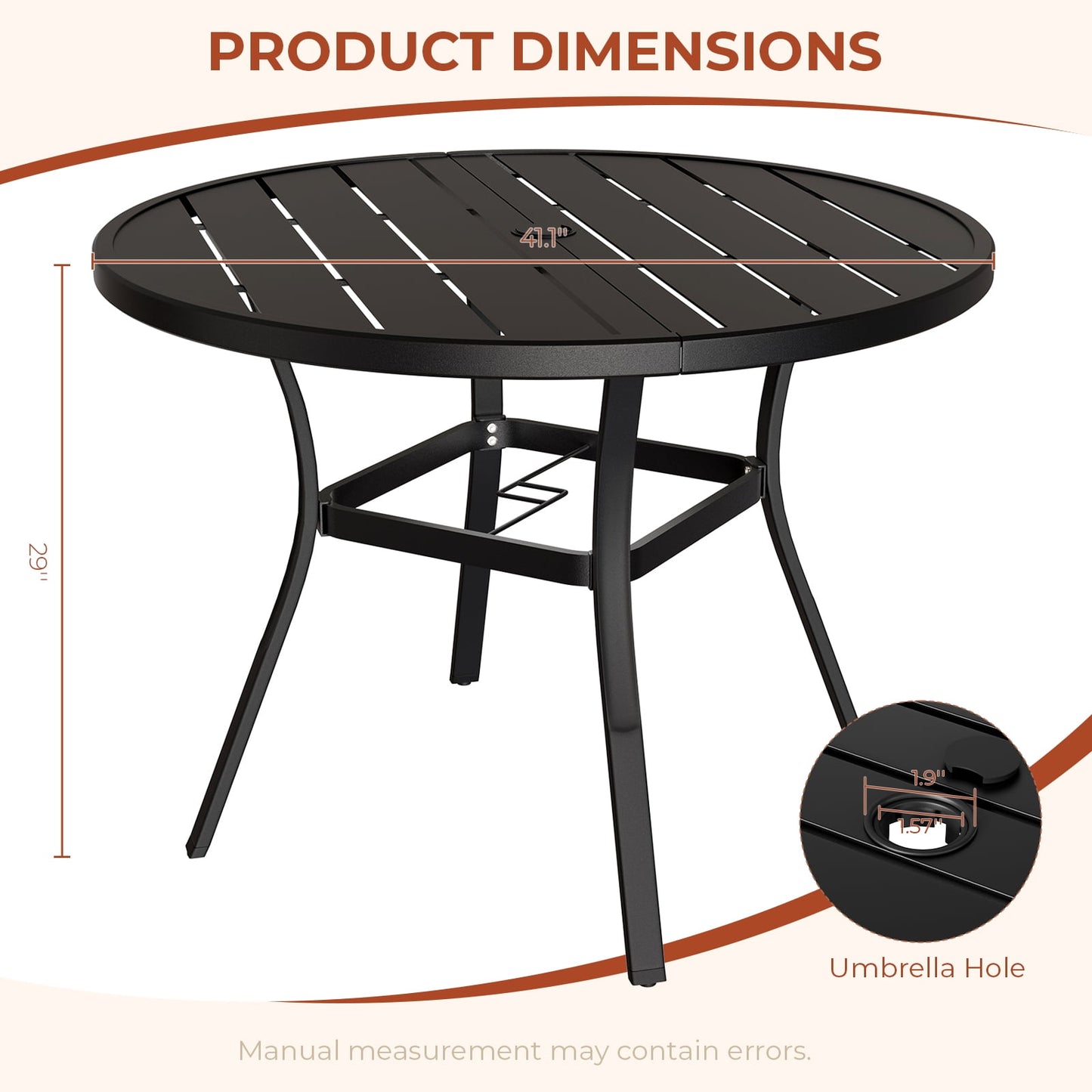 Pirecart Patio Table, Patio Dining Table with Adjustable Umbrella Hole & Foot Pads, Outdoor Round Dining Table , Metal Steel Frame & Non-Rust E-coating, for All Weather