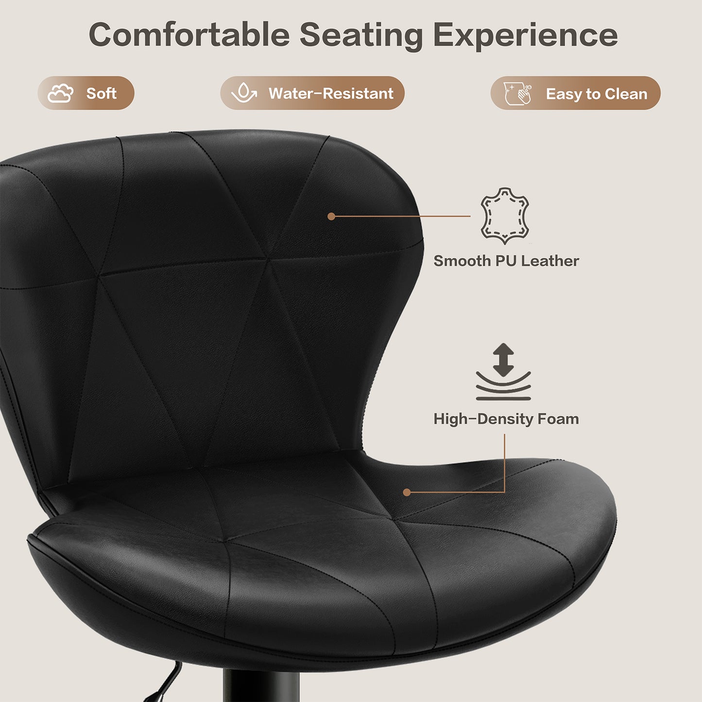 Pirecart Set of 2 Bar Stools, Bar Stools for Dining, Entertainment Center, PU Leather, Hight Adjustable Bar Chairs, Swivel Bar Stools with Back and Footrest