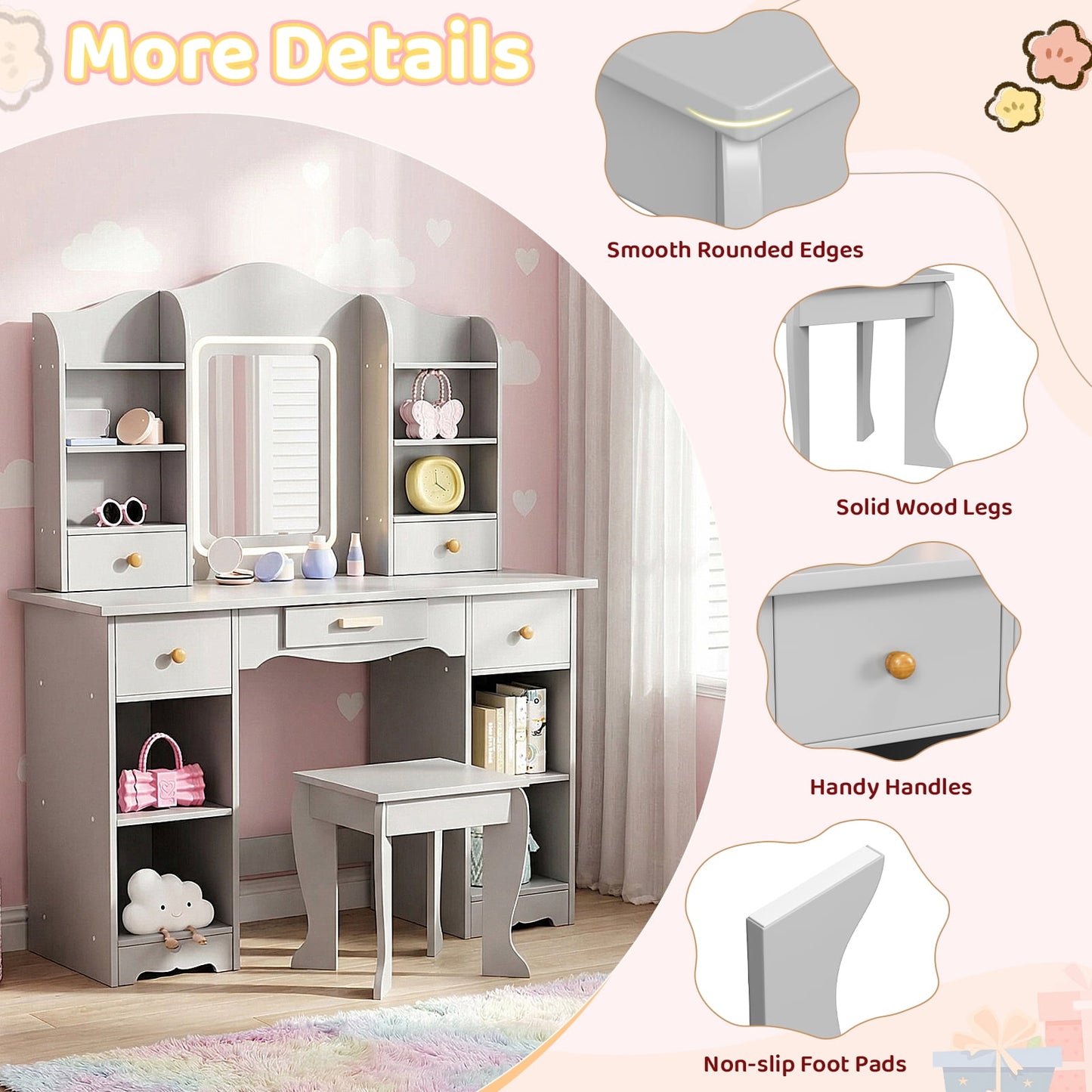 Pirecart Kids Vanity with 3 Color Lights, Girls Vanity Set with Mirror, Storage Drawer, Pretend Play Makeup Desk, with Detachable shelf