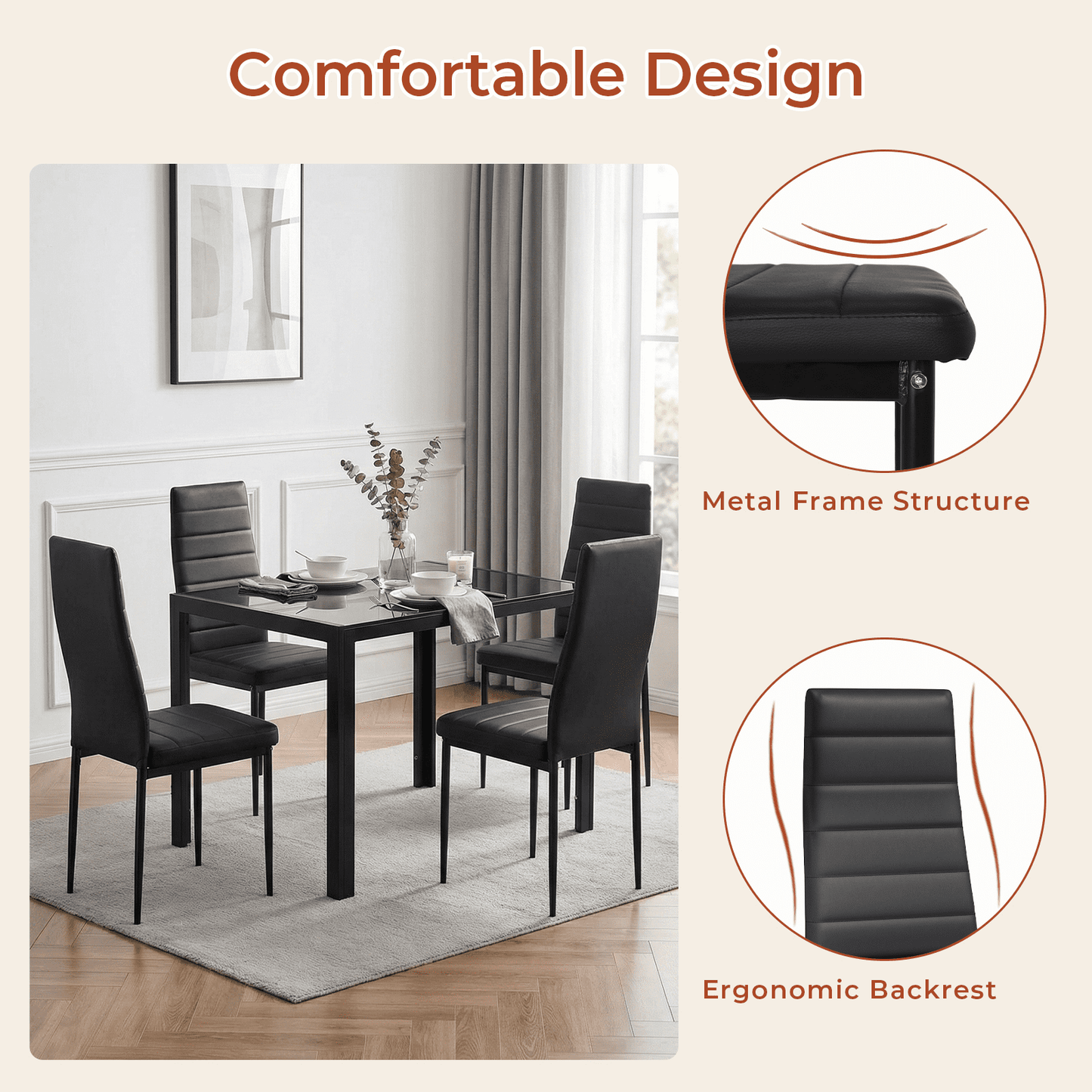 Pirecart Dining Set of 5, 4 Upholstered PU Chairs W/ Tempered Glass Dining Table, Esay-Cleaning & Space-Saving Dining set, Metal Steel Frame Dining Room Set