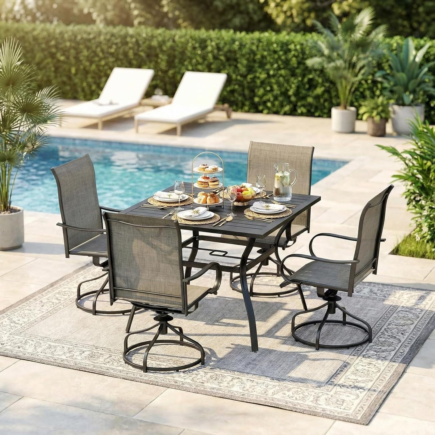 Pirecart 5 Piece Patio Dining Set, Outdoor Table and Chairs W/1.57"-1.8" Adjustable Umbrella Hole, 37" Square Metal Table and 4 Patio 360° Swivel Chairs