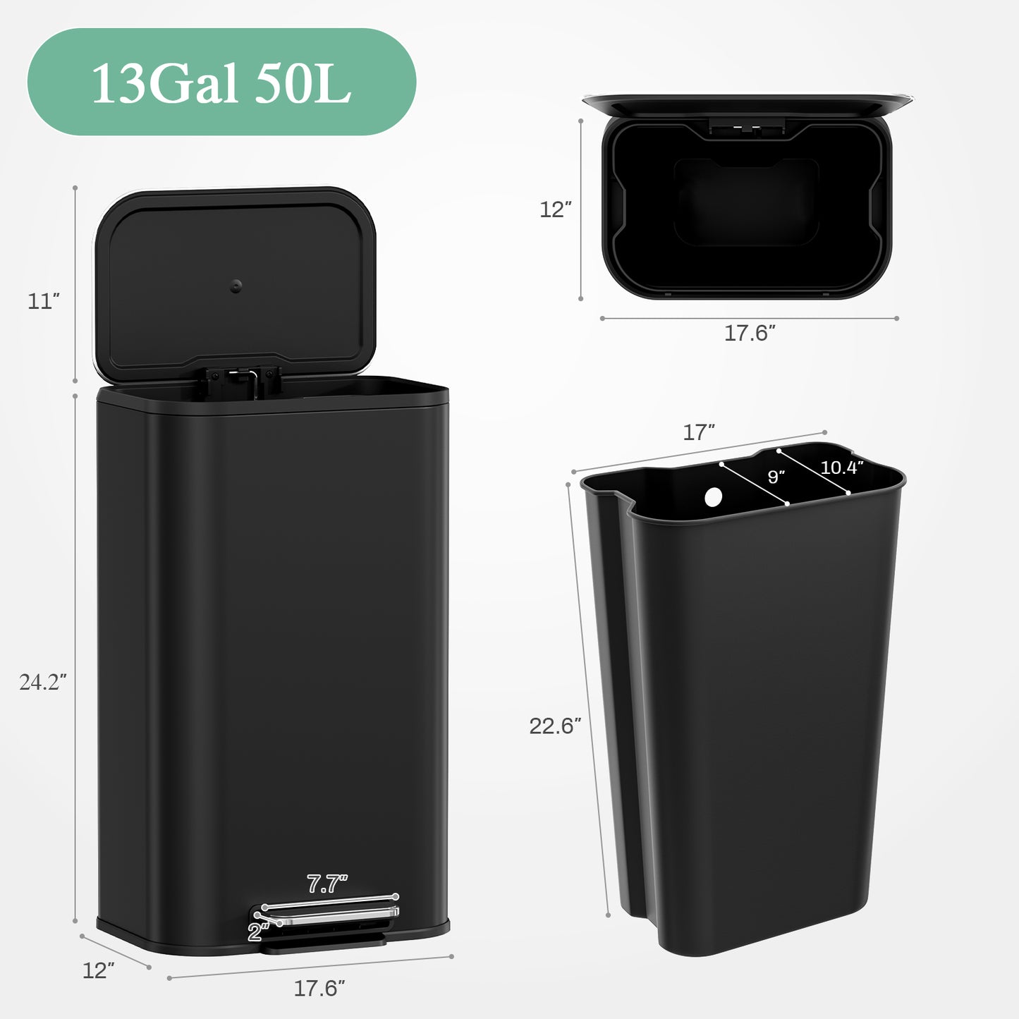 Pirecart 13.2 Gal Trash Can, Stainless Steel Garbage Can with Removable Inner Bucket & Handle, Square Garbage Bin with Soft Lid for Kitchen, Living Room
