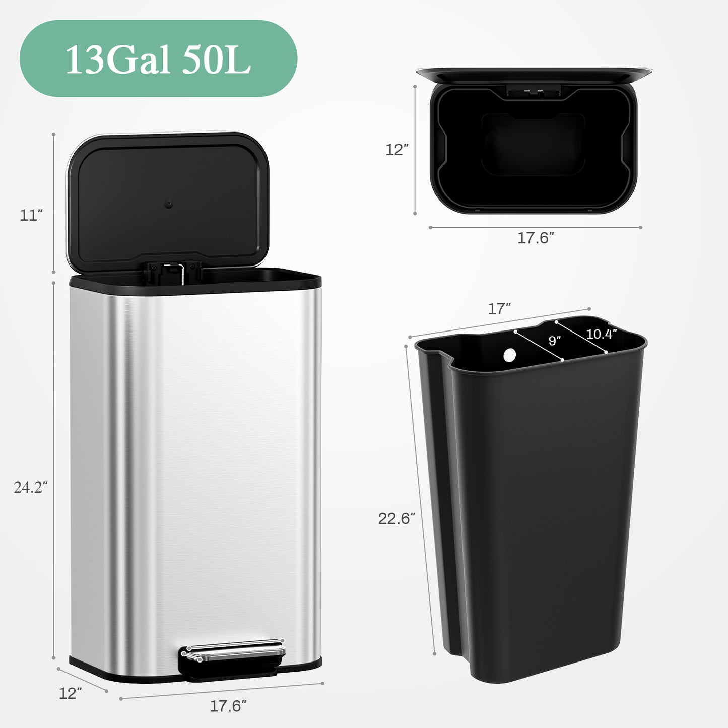 Pirecart 13.2 Gal Trash Can, Stainless Steel Garbage Can with Removable Inner Bucket & Handle, Square Garbage Bin with Soft Lid for Kitchen, Living Room