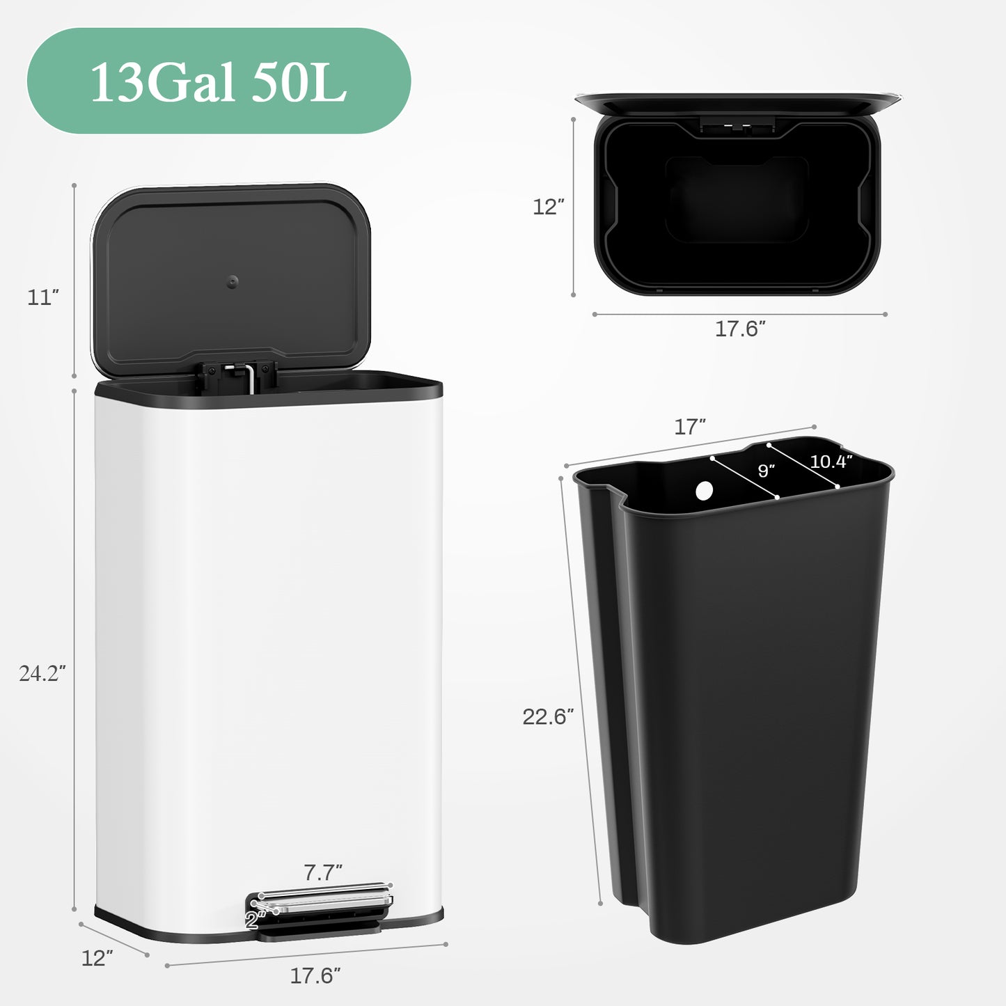 Pirecart 13.2 Gal Trash Can, Stainless Steel Garbage Can with Removable Inner Bucket & Handle, Square Garbage Bin with Soft Lid for Kitchen, Living Room