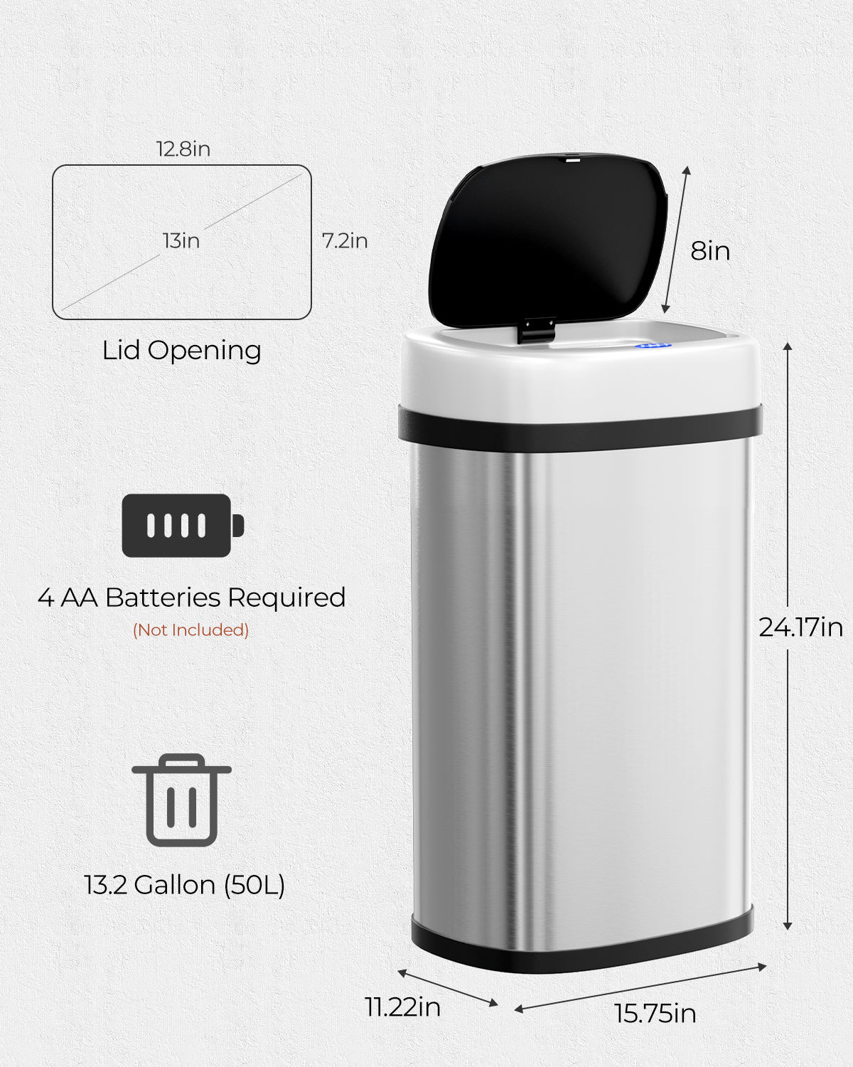 Pirecart Motion Sensor Trash Can, Stainless Steel Automatic Garbage Can with Soft-Close Lid, for Kitchen/Living Room/Office, Silver, Black, White