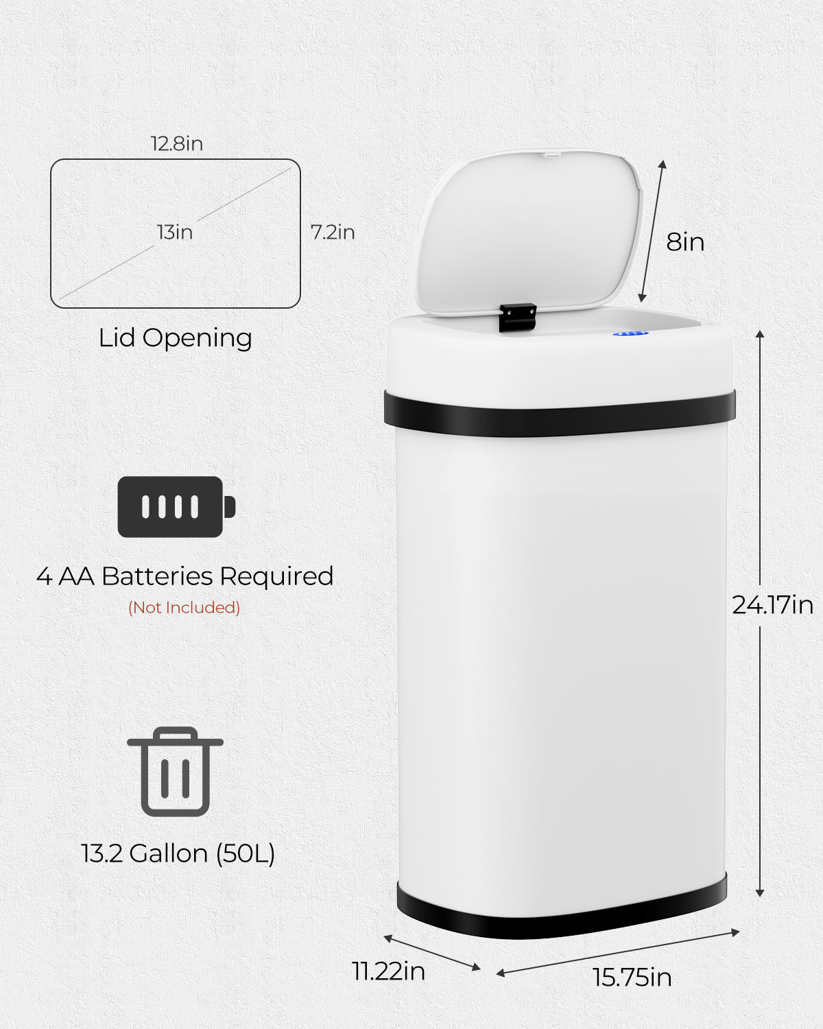 Pirecart Motion Sensor Trash Can, Stainless Steel Automatic Garbage Can with Soft-Close Lid, for Kitchen/Living Room/Office, Silver, Black, White