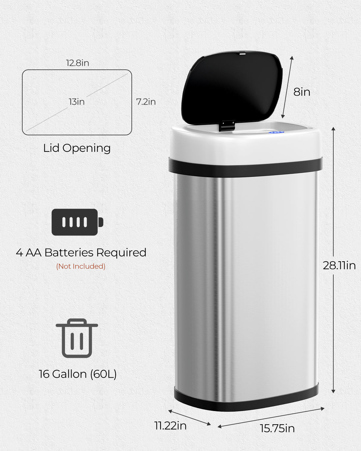 Pirecart Motion Sensor Trash Can, Stainless Steel Automatic Garbage Can with Soft-Close Lid, for Kitchen/Living Room/Office, Silver, Black, White