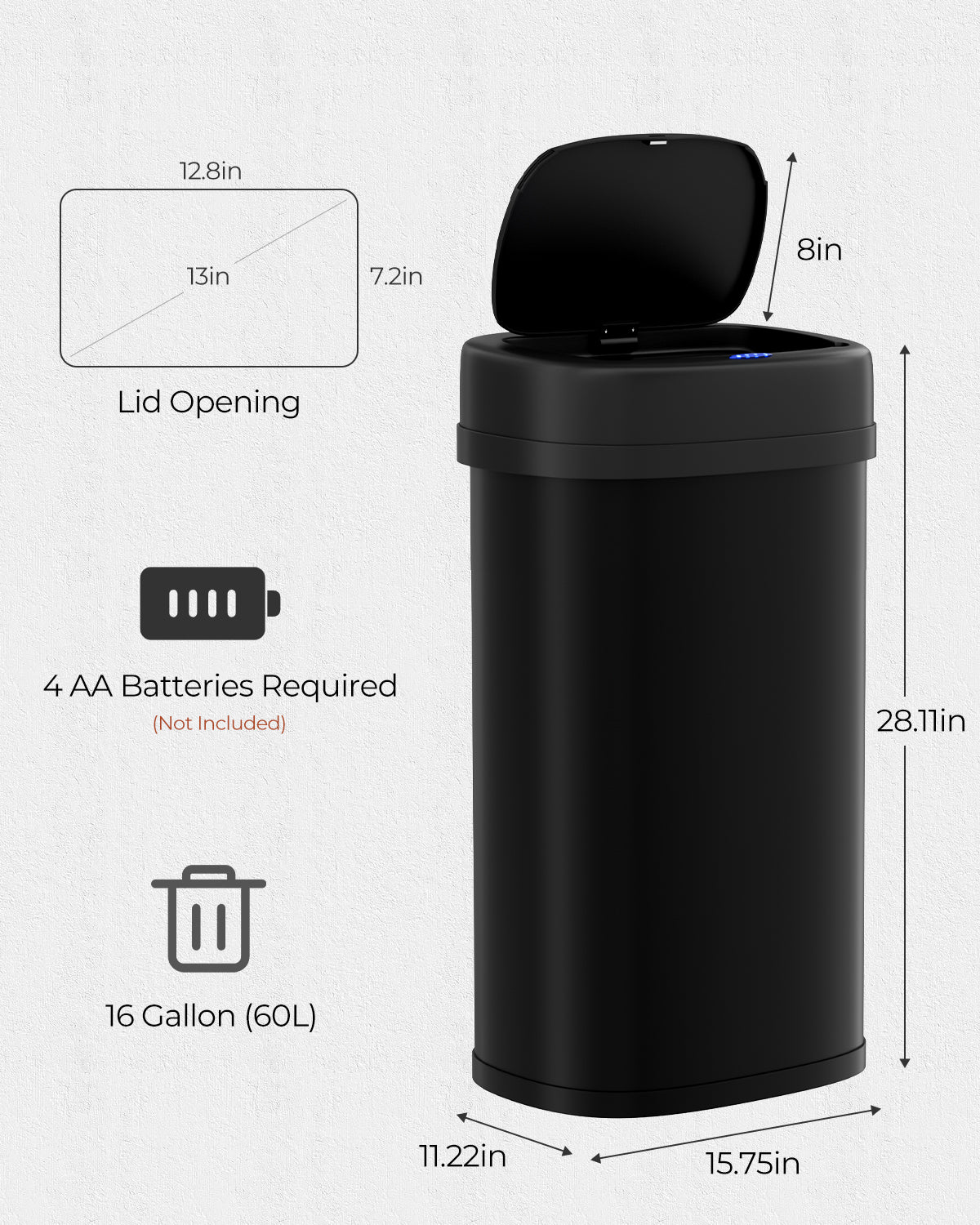 Pirecart Motion Sensor Trash Can, Stainless Steel Automatic Garbage Can with Soft-Close Lid, for Kitchen/Living Room/Office, Silver, Black, White