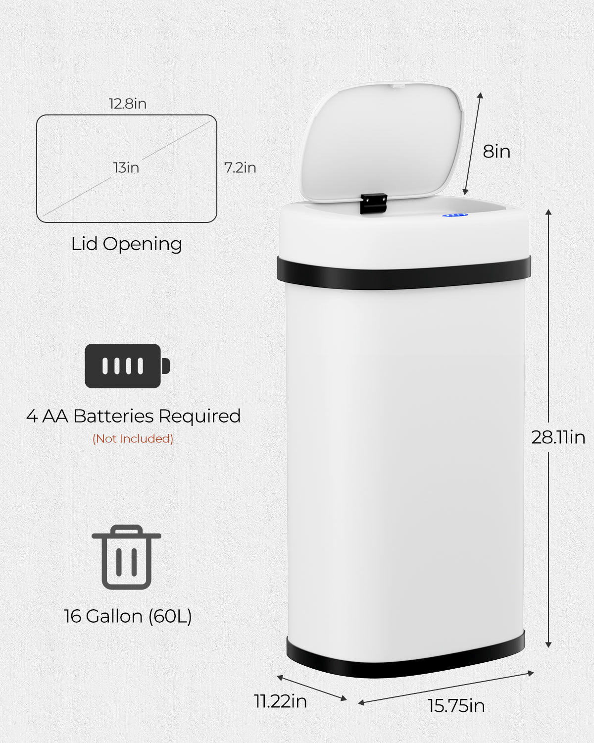 Pirecart Motion Sensor Trash Can, Stainless Steel Automatic Garbage Can with Soft-Close Lid, for Kitchen/Living Room/Office, Silver, Black, White