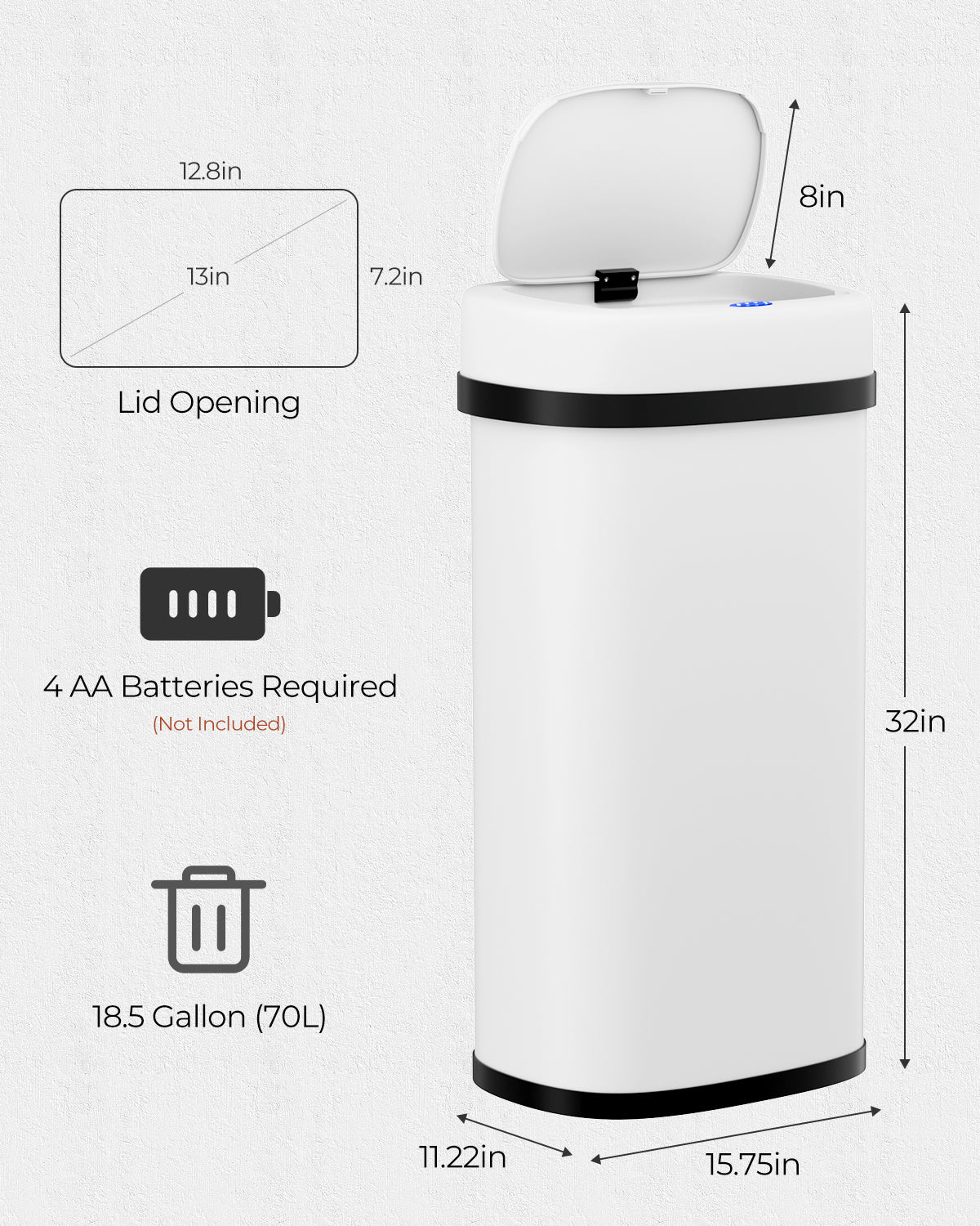 Pirecart Motion Sensor Trash Can, Stainless Steel Automatic Garbage Can with Soft-Close Lid, for Kitchen/Living Room/Office, Silver, Black, White