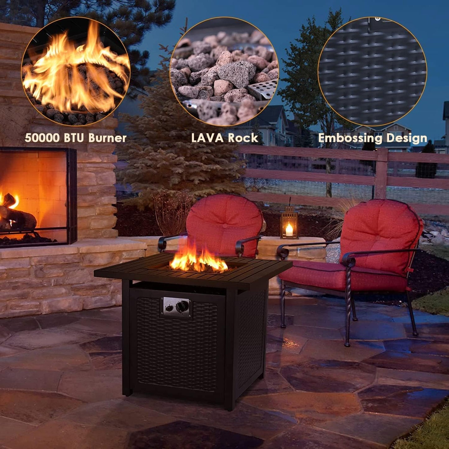 pirecart 30" Gas Fire Pit Table, 50,000 BTU Propane Square Fire Bowl, Outdoor Fireplace W/Anti-fire Mesh