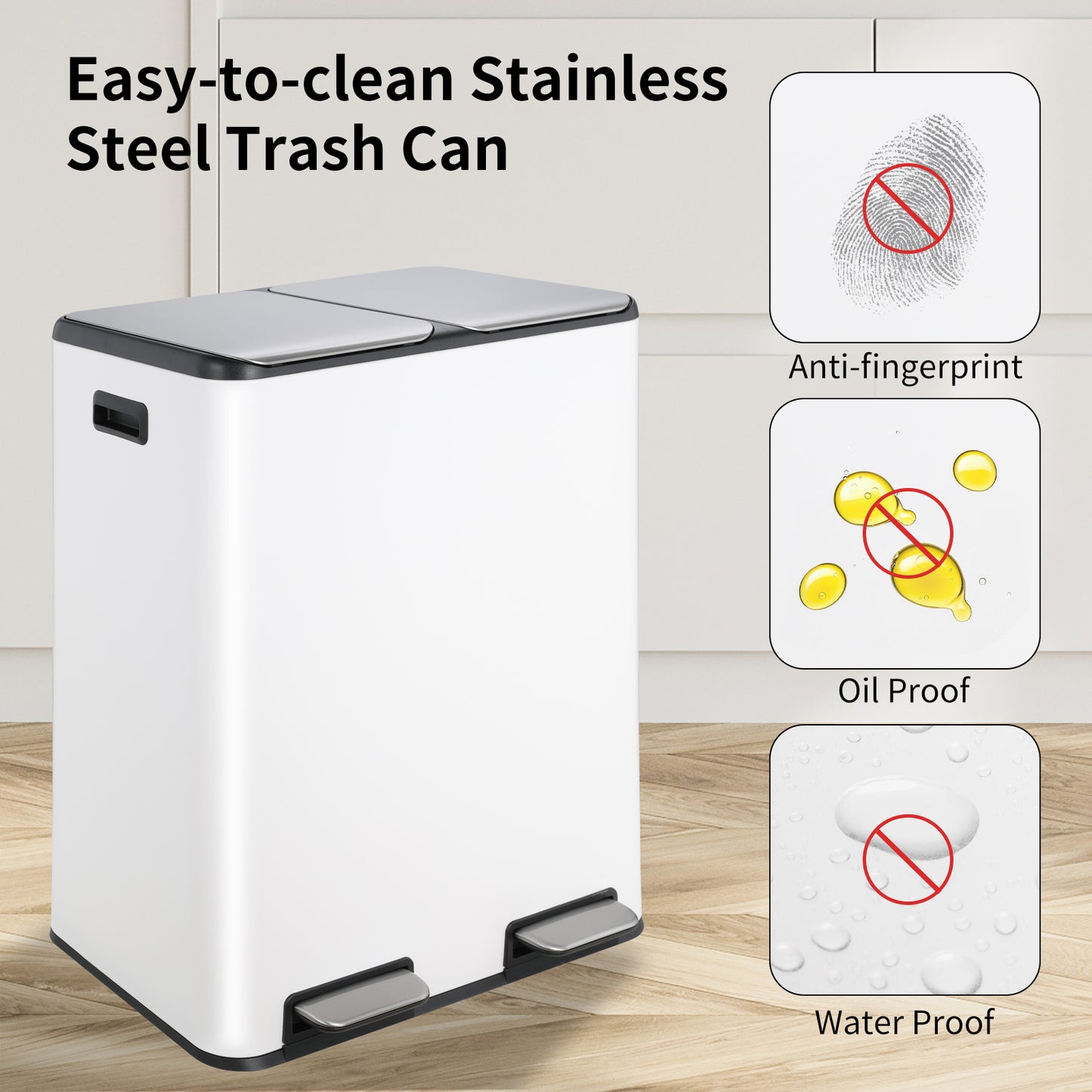 Pirecart Trash Can 16 Gallon Dual Step Garbage Can Stainless Steel Recycling Waste Dustbin with Built-in Filter Boxes