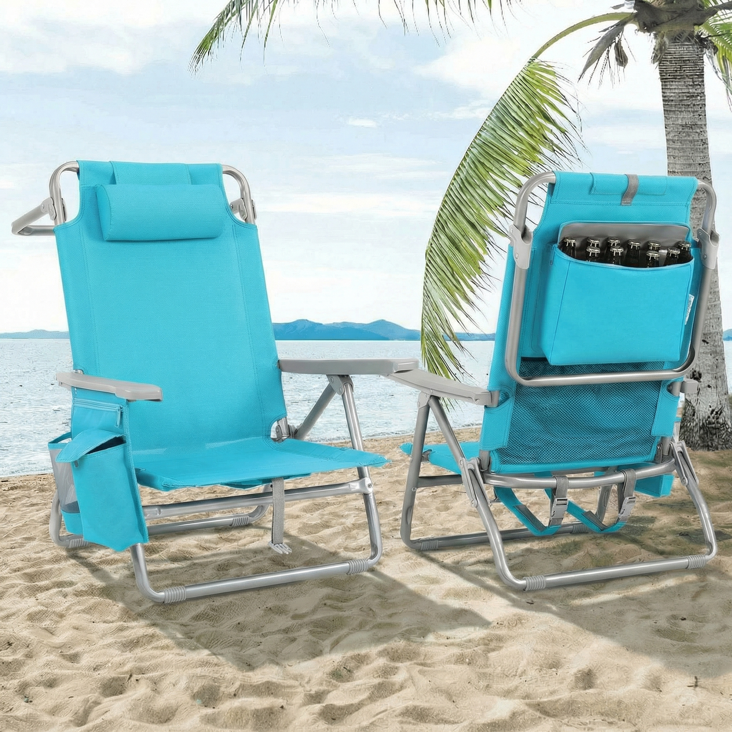 Foldable Beach Chair, 5-Position Lay Flat Reclining Beach Chair W/ Headrest, Storage Bag, Cooler Pouch,Towel Bar, Foot Mat