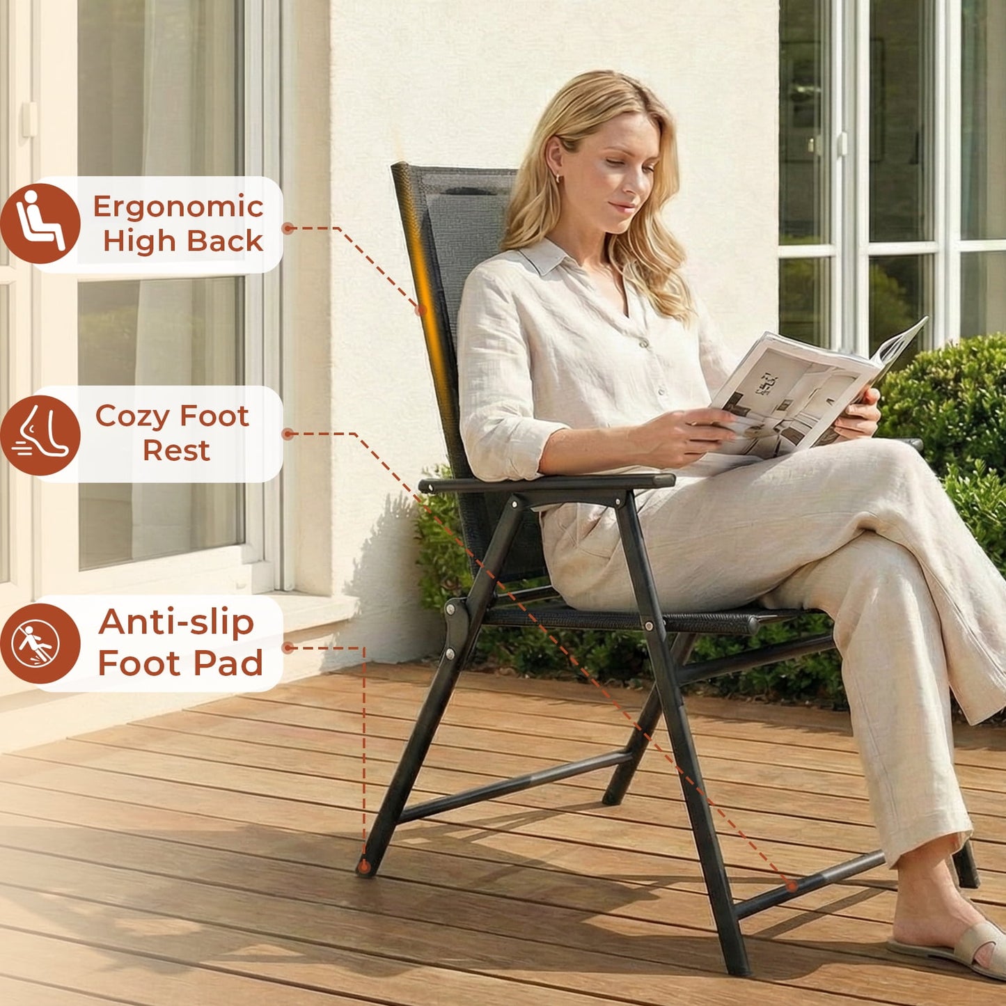 Pirecart 2/4 Pcs Patio Dining Chairs, Outdoor Folding Chairs W/ Breathable Textilene & E-Coating, Armrests & High Back, for Deck, Garden, Poolside