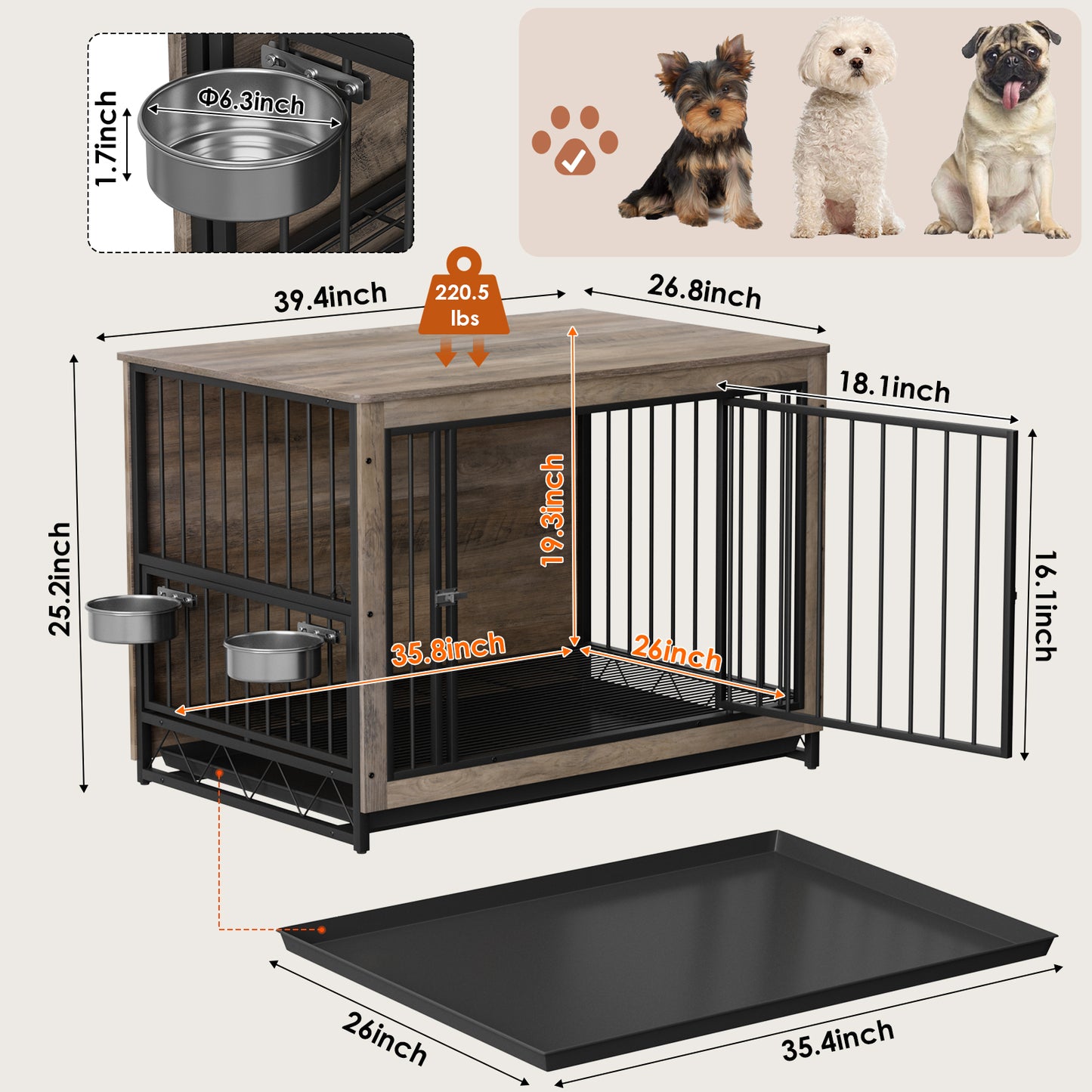 pirecart 39/44 inch Furniture Style Dog Crate with 2 Bowls, Large Wooden End Table Dog House