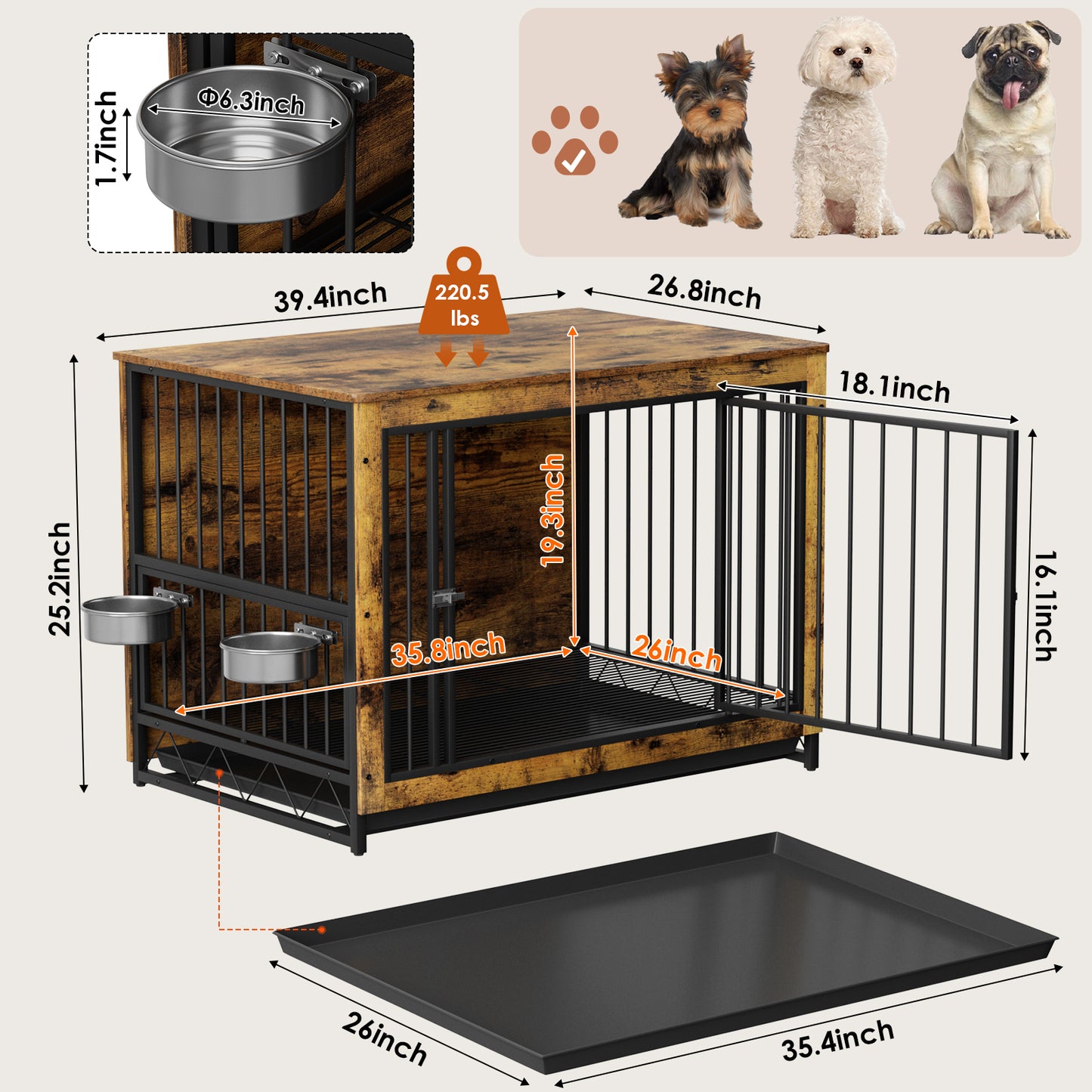 pirecart 39/44 inch Furniture Style Dog Crate with 2 Bowls, Large Wooden End Table Dog House