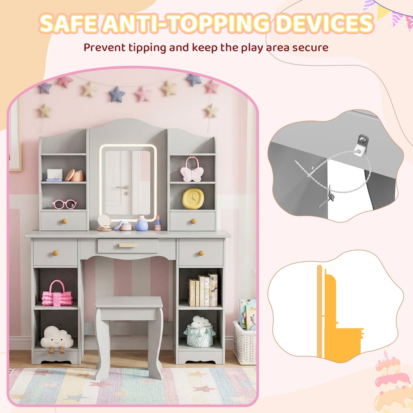 Pirecart Kids Vanity with 3 Color Lights, Girls Vanity Set with Mirror, Storage Drawer, Pretend Play Makeup Desk, with Detachable shelf