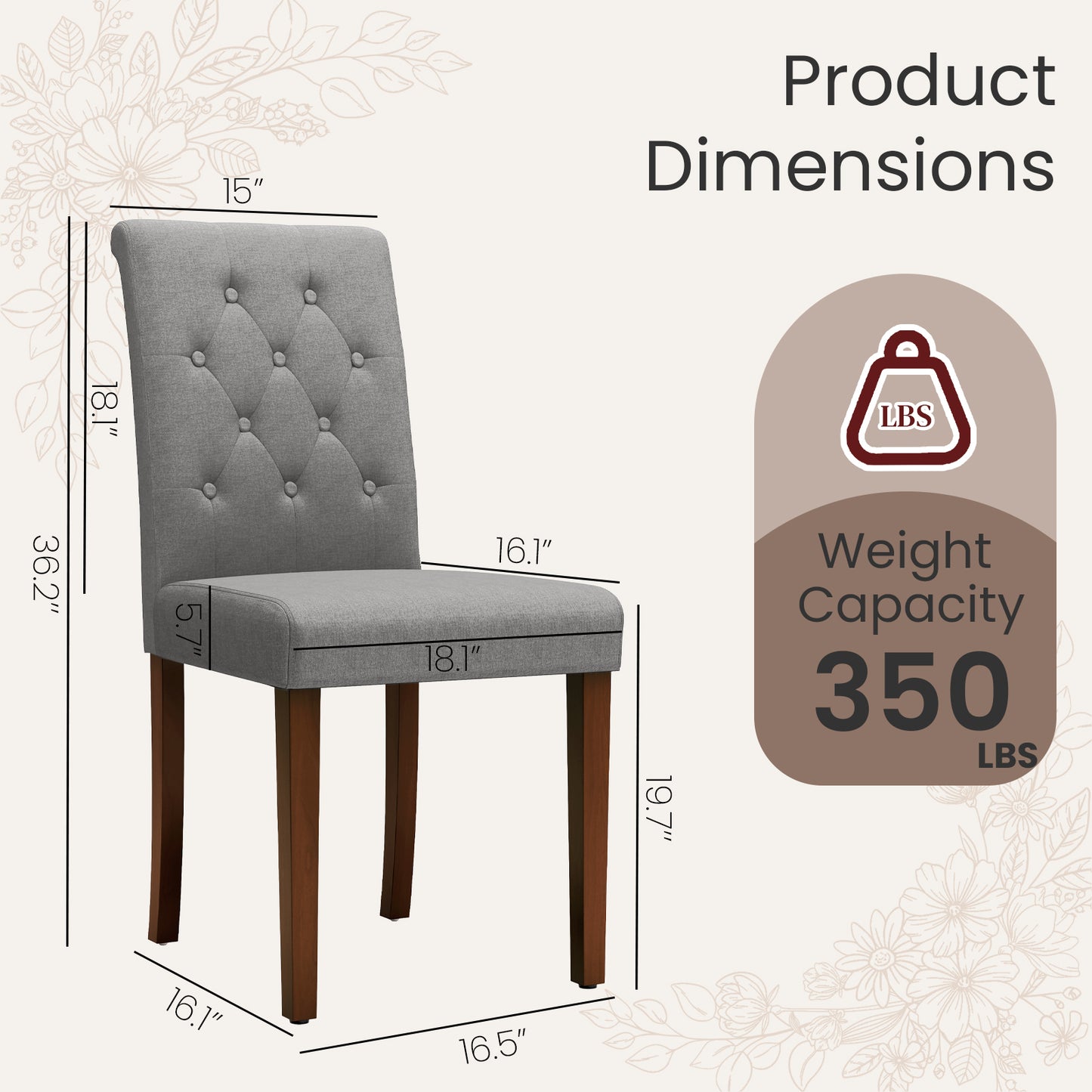 Pirecart 2 PCS Dining Chairs, Kitchen Chairs with Solid Wood Legs, Button-Tufted Parsons Design Upholstered Fabric Chairs