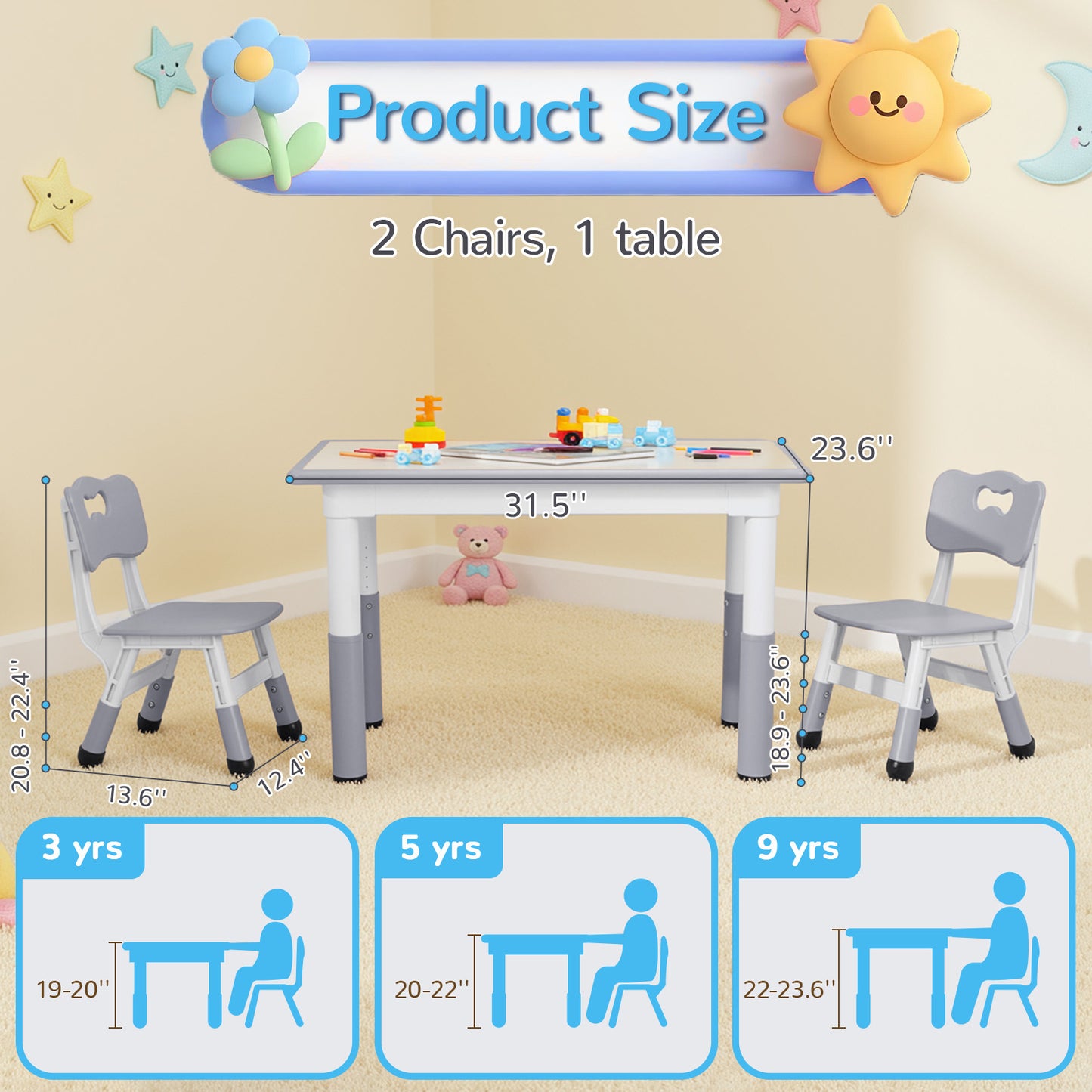 Pirecart Kids Table and 2 Chairs Set, Height Adjustable Children Multi Activity Table and Chair Set, Non-Slip Legs & Graffiti Desktop, for Drawing, Reading, Studying
