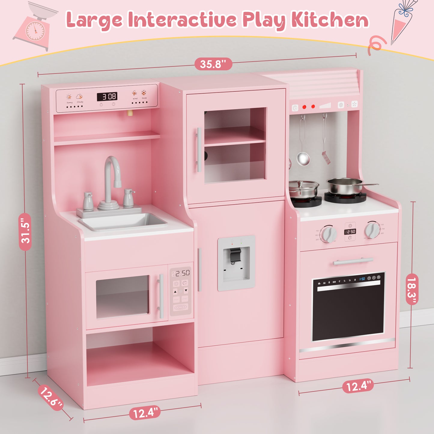 Pirecart Toddler Pretend Paly Kitchen, Wooden Kitchen Play Set with Real Sound and Light, 6-Piece Kitchenware, Sink & Stove, Water Dispenser & Hood, Kids Play Kitchen for Age 3+