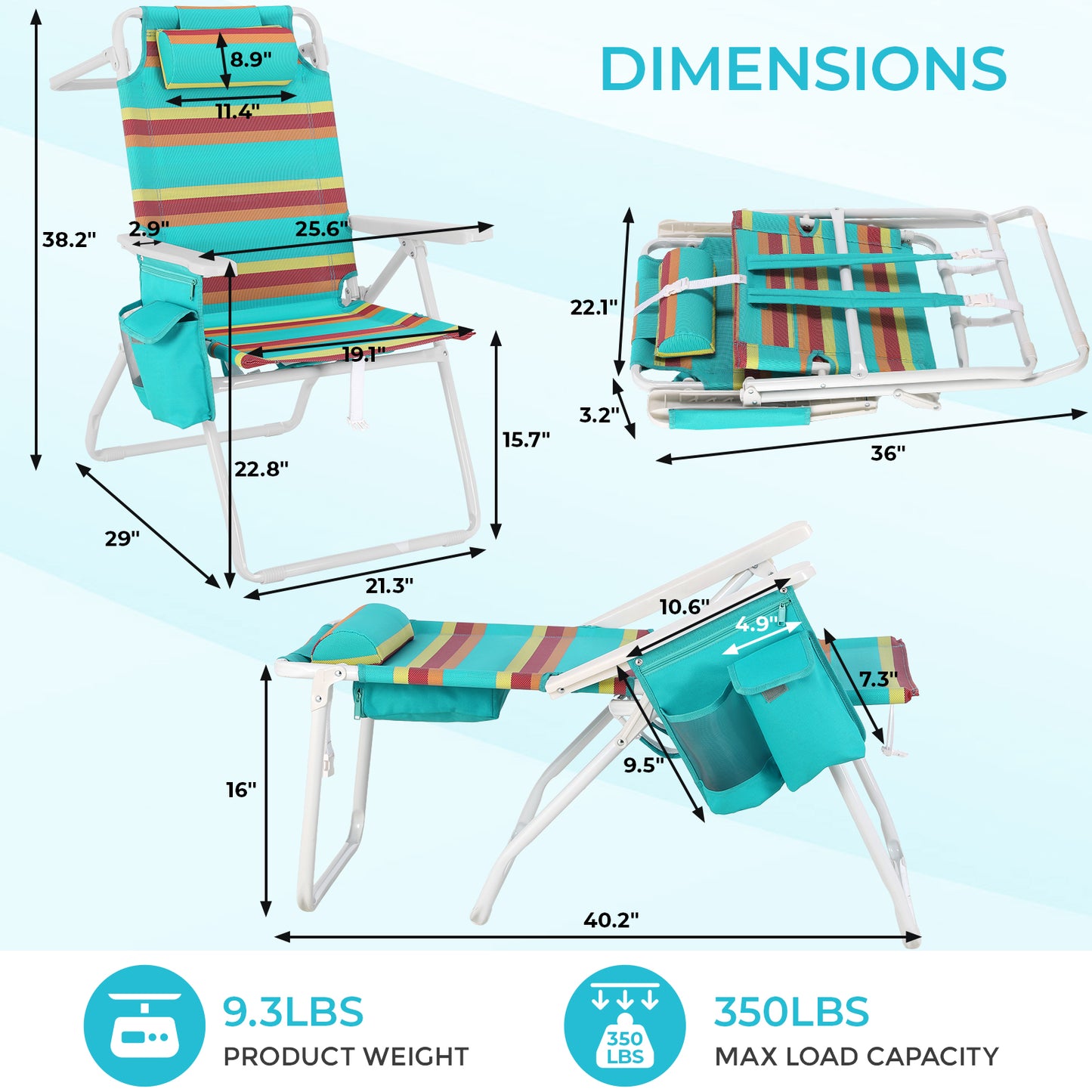 Pirecart Tall Beach Chairs for Adults, Portable Beach Chairs W/ 5-Position Lay Flat & Cooler Pouch, for Beach, Camp, Outdoor