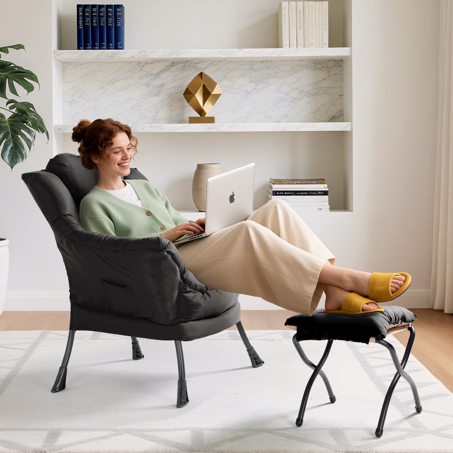 Pirecart Fabric Lazy Chair with Foldable Ottoman and Side Pocket, Large Comfy Chair with Footstool Set Reading Chair Leisure Sofa Chair for Bedroom, Living Room