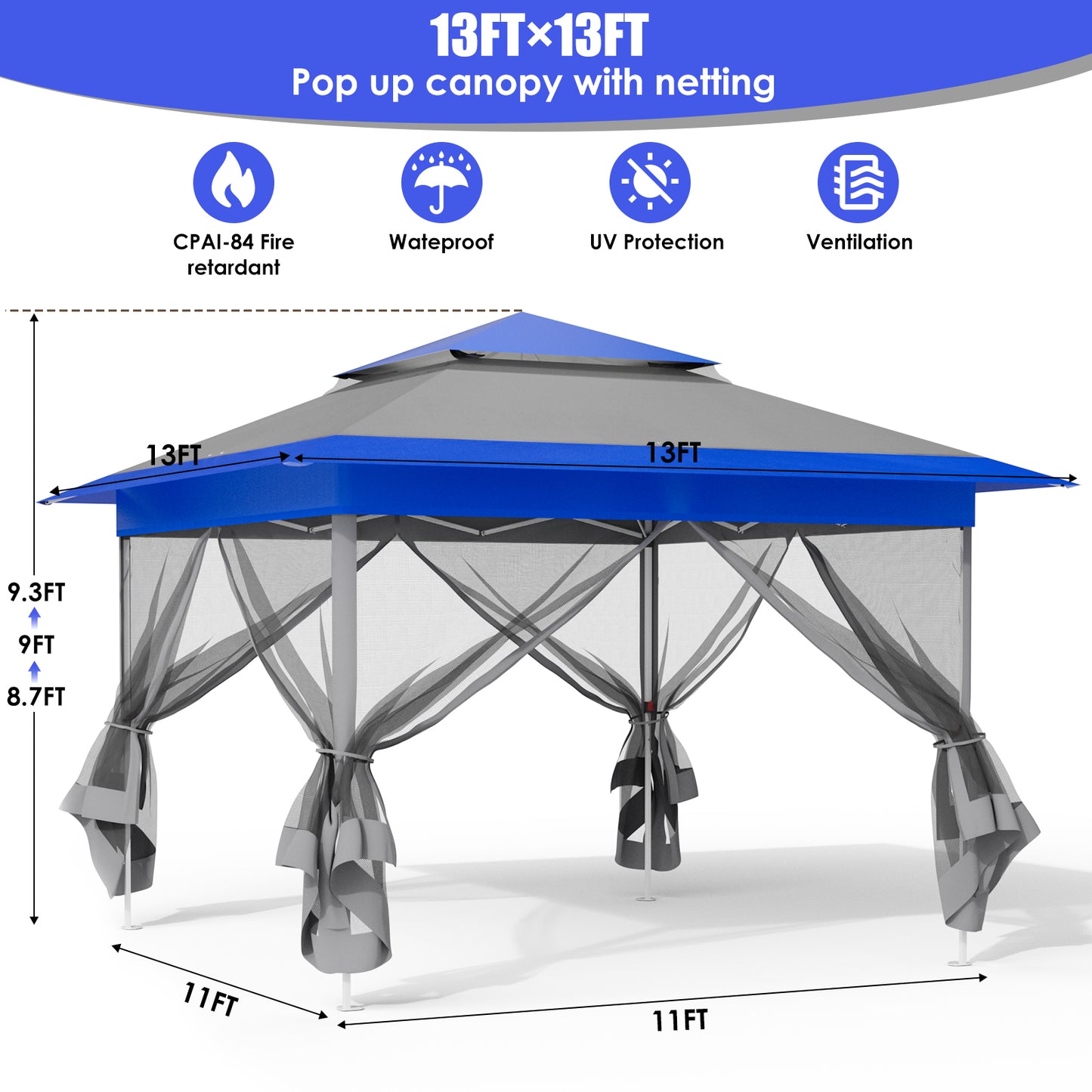 pirecart 11x11 / 13x13 ft Pop Up Gazebo, Outdoor Instant Canopy Tent w/4 Netting Sidewall & Auto Extending Eave, Patio Gazebos Shelter