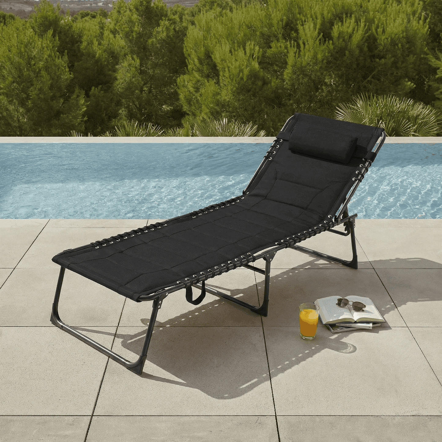 Pirecart 5-Position Adjustable Lounge Chair, Padded Folding Tanning Bed Chaise Lounge Chair, with Pillow, Side Pocket, Carrying Handle