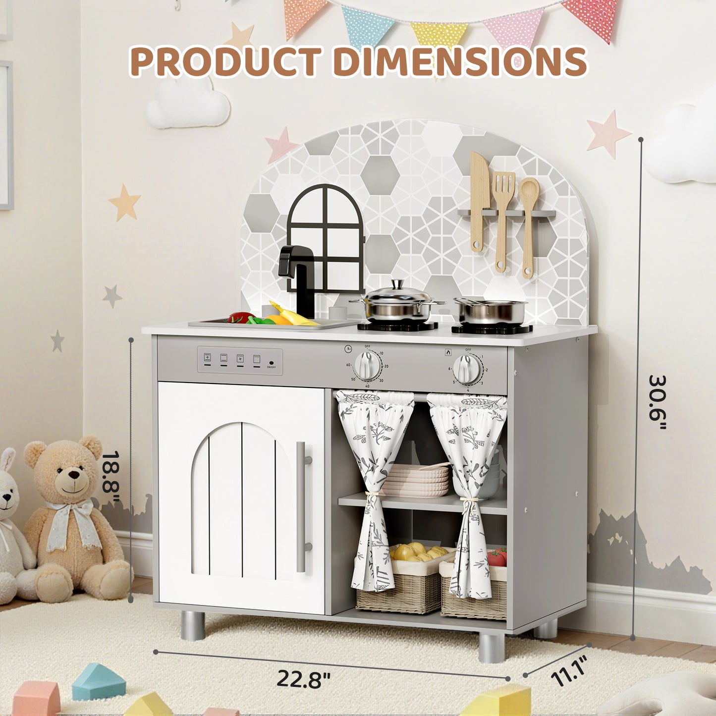 Pirecart Kids Play Kitchen, Toddler Wooden Kitchen Playset with Cooking Accessories and Clicking Knobs, Educational Chef Pretend Play Set for Ages 3+