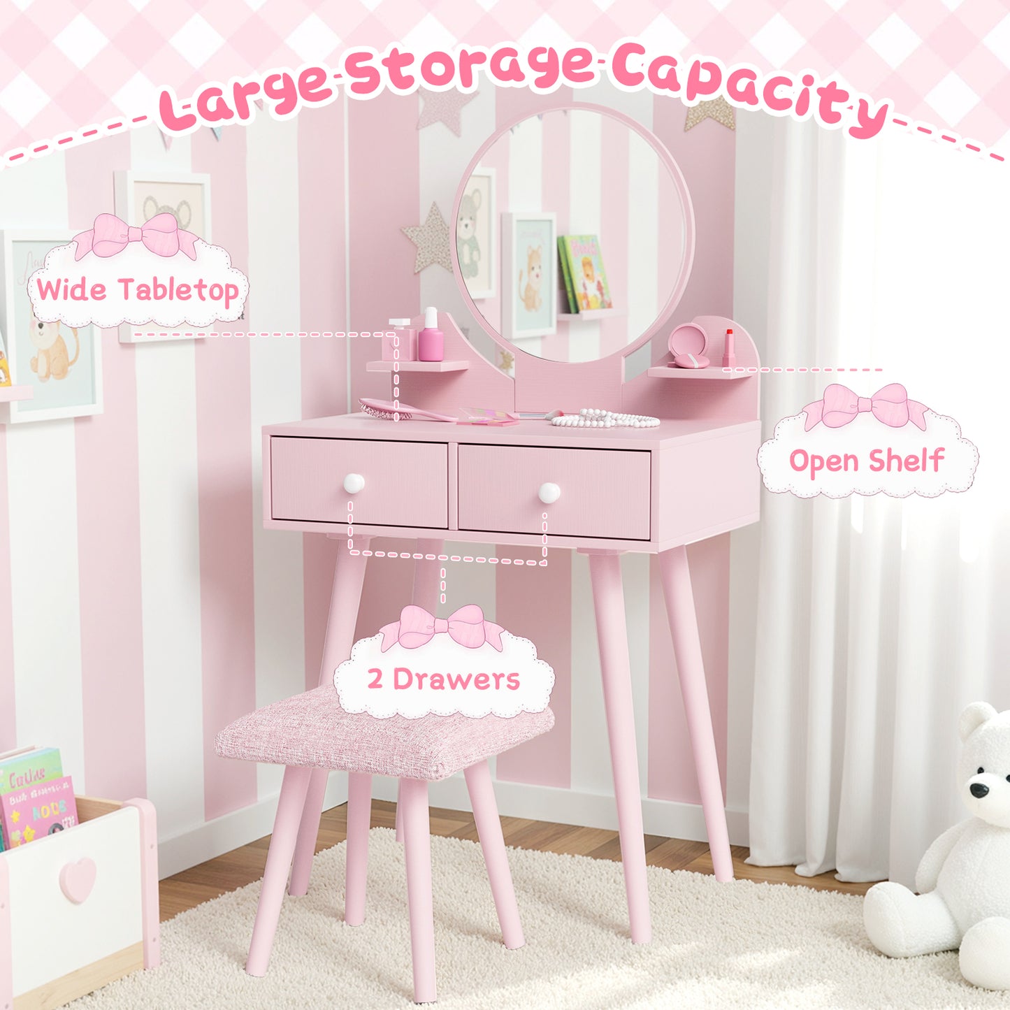 Pirecart Kids Vanity Table and Chair Set, 2 in 1 Wooden Makeup Table and Stool with Storage Drawer & Shelves & Detachable Top, Girls Vanit for Age 3+