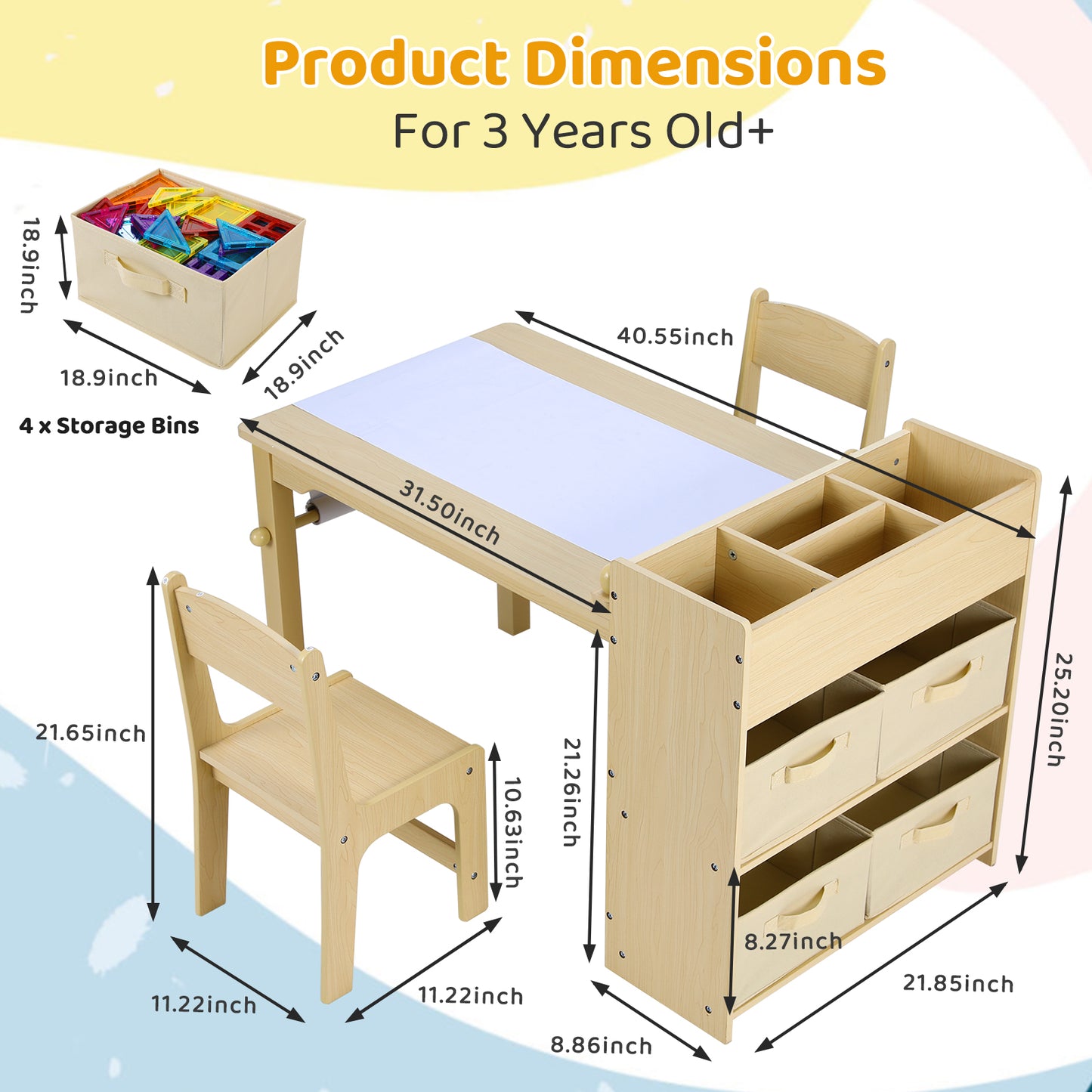 pirecart Kids Art Table and 2 Chairs, Wooden Drawing Desk with 4 Storage Bins