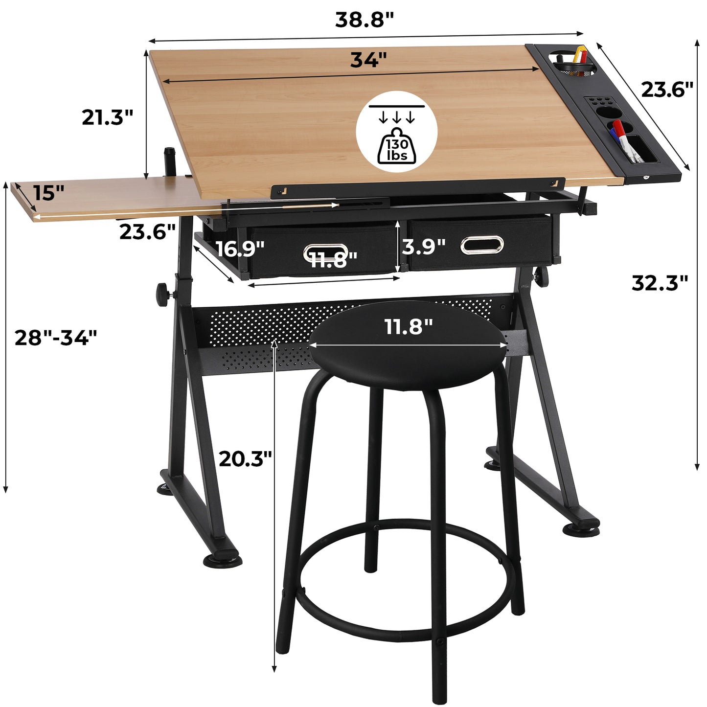 pirecart Height Adjustable Drafting Table with Stool Set