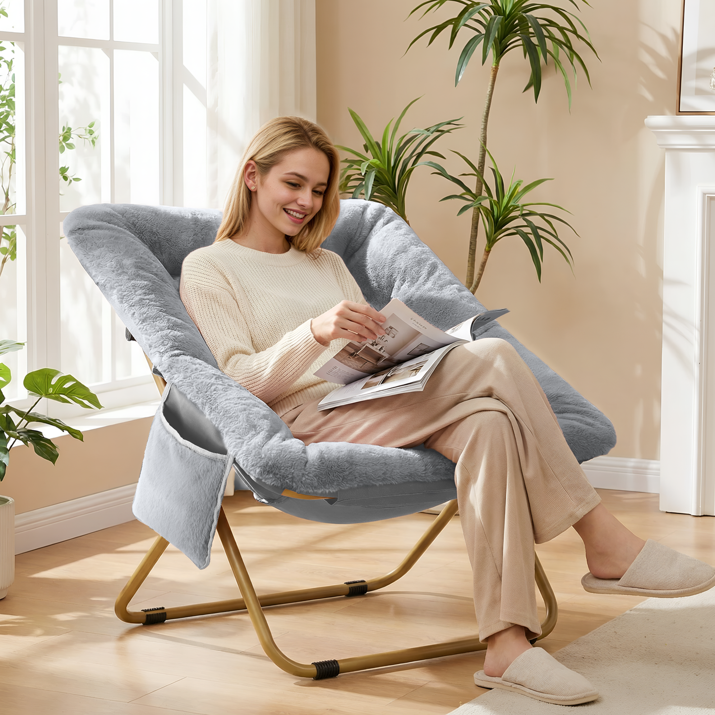 Pirecart Comfy Moon Chair, Foldable Soft Faux Fur Lounge Chair for Living Room, Bedroom, Dorms, X-Large Reading Chair