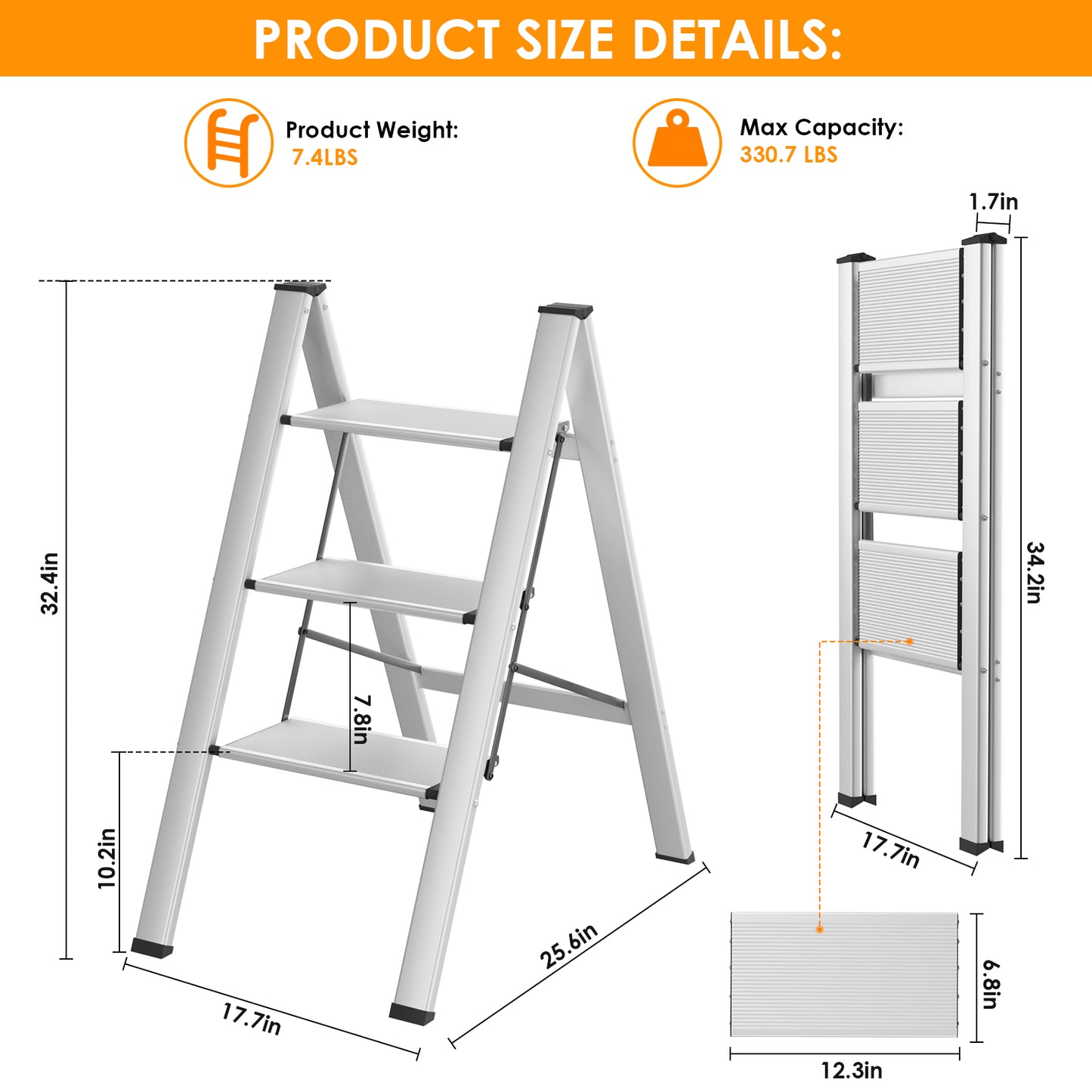 pirecart 3/4 Step Ladder, Aluminum Portable Folding Step Stool with Wide Anti-Slip Pedals