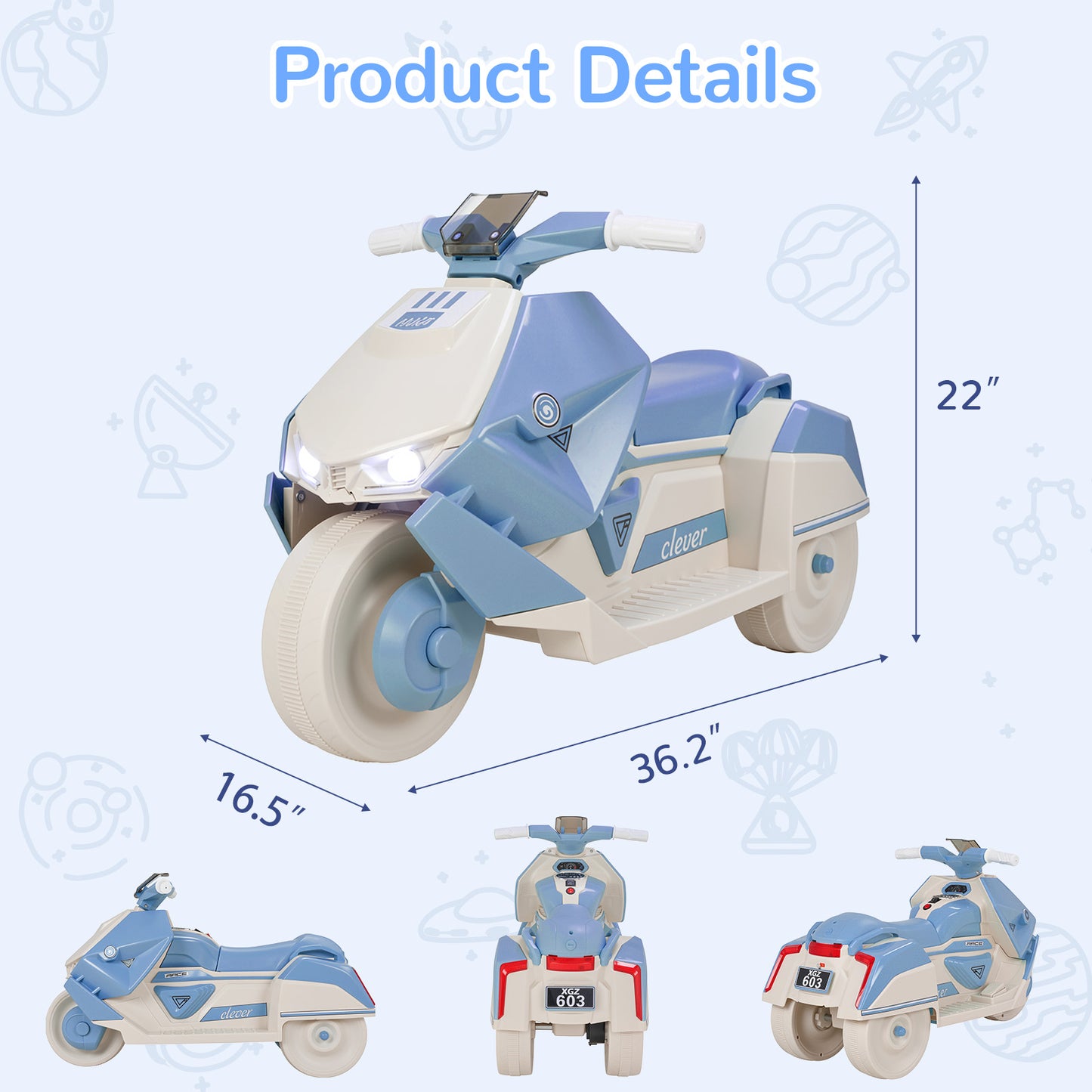 Pirecart Kids Electric Motorcycle, 6V Toddler Motorcycle with Realistic Sounds, LED Light, Children Ride on Toy with MP3/USB, Non-Slip Tires, Gift for Age 3+