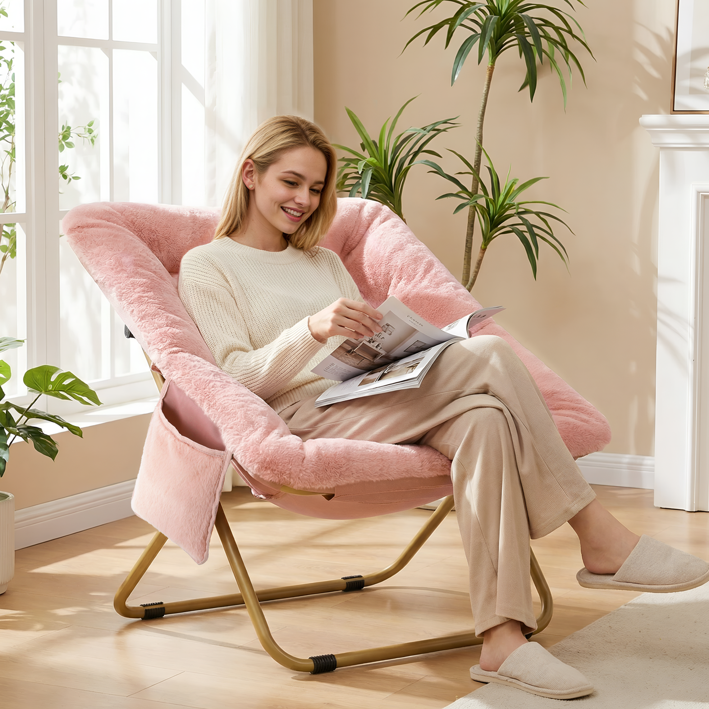 Pirecart Comfy Moon Chair, Foldable Soft Faux Fur Lounge Chair for Living Room, Bedroom, Dorms, X-Large Reading Chair