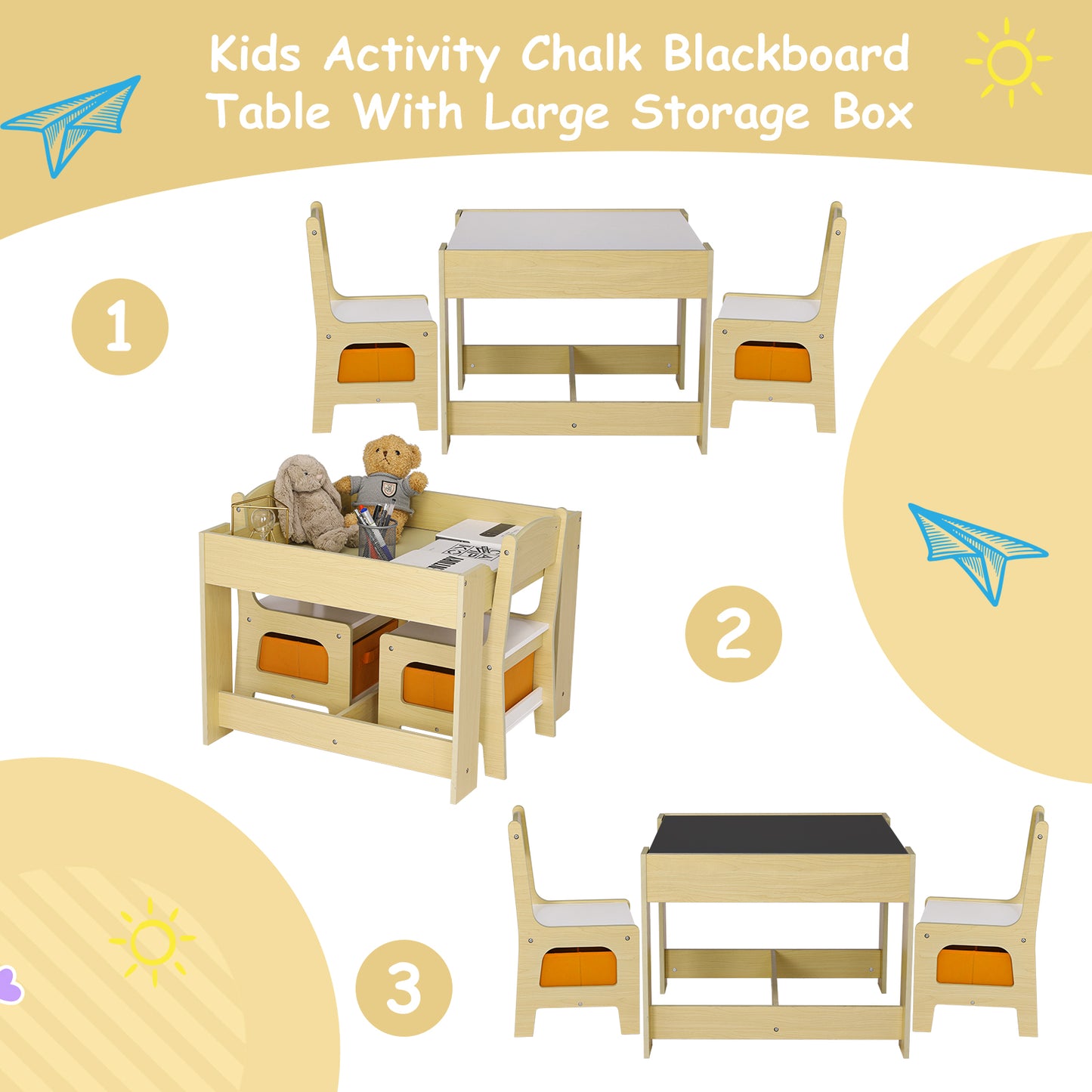 pirecart Kids Wood Table & 2 Chairs Set Children Activity Table with Storage Boxes