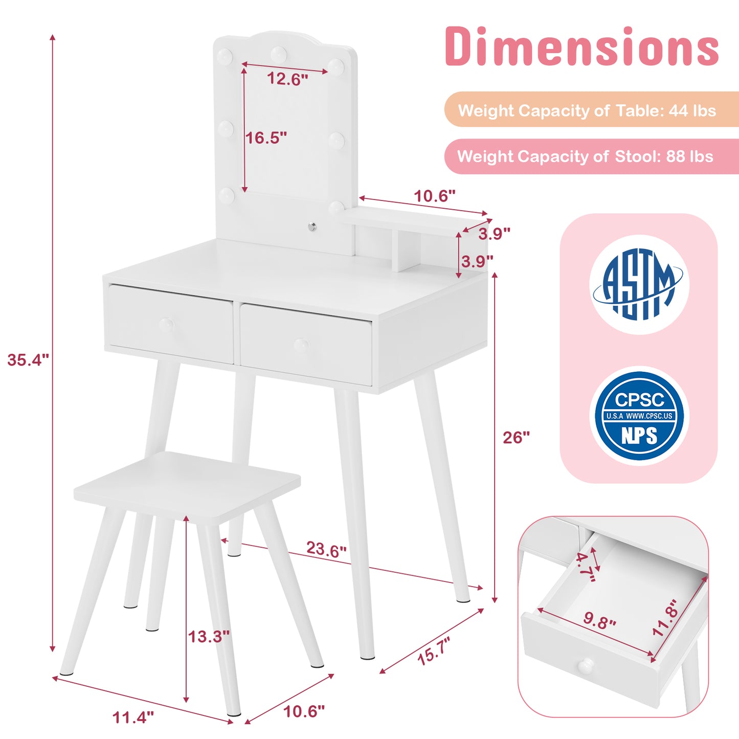 Pirecart Kids Vanity Table and Chair Set, Kids Wood Makeup Dressing Table with 7 Lights, Mirror, 2 Drawers